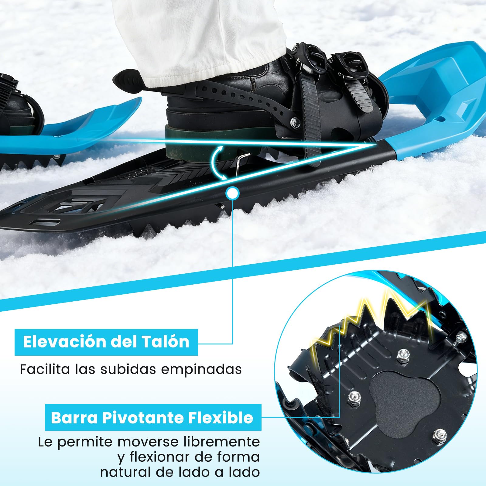 COSTWAY Juego de Raquetas Nieve Ligero de Alumnio de 62 cm y Bastones de Trekking para Unisex Adulto y Niño, Carga de 90 kg, con Cierres de Trinquete Ajustables, Puntera, Barra Pivote Flexible, Azul