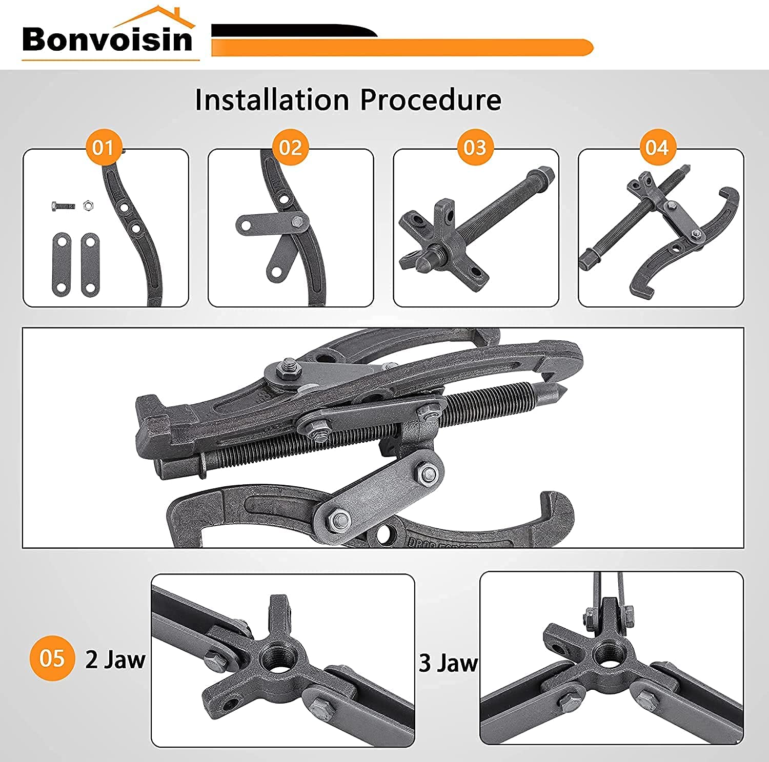 Bonvoisin Estrattore per Cuscinetti Set con 2/3 Ganasce, 4, 6, 8 Pollici, per Ingranaggi/Cuscinetti/Volani/Pulegge (4,6,8 Pollici 3 Pezzi Set)