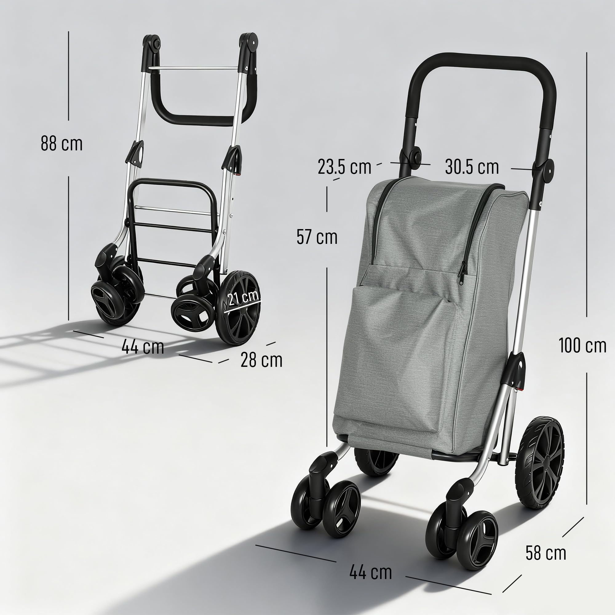 HOMCOM Carrello Spesa Pieghevole in Alluminio con Ruote, 3 in 1 Carrellino Spesa con Borsa in Tessuto Oxford 600D da 46L, Tracolla, Scomparto Refrigerato, Manico Regolabile, Grigio