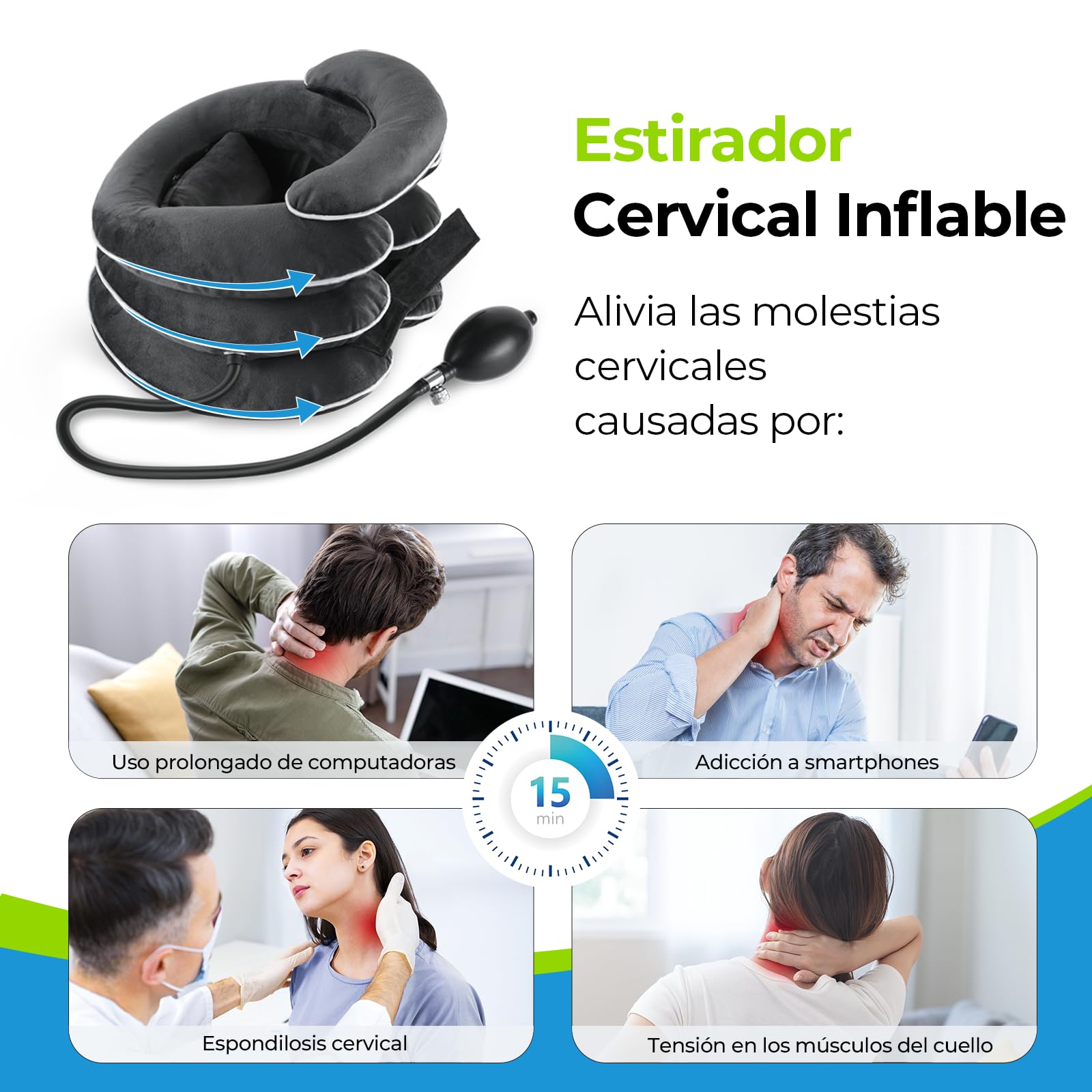 AUVON Traccion Cervical Inflable para Estiramiento Cervical con Diseño Innovador de 3 Capas en Tamaños Variables para Descompresión, Collarín para Alivio Inmediato, Soporte del Cuello, Uso en el Hogar