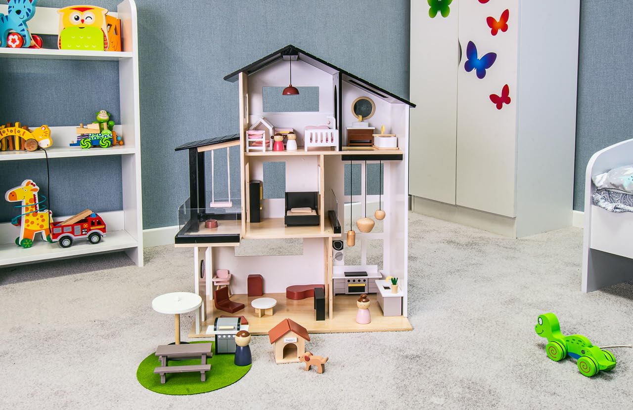 Leomark Appartamento, Moderna Casa delle bambole in legno, in stile LOFT con persiane e terrazza, Con arredamento e tanti accessori, Dimensioni: 80x30x63 cm.