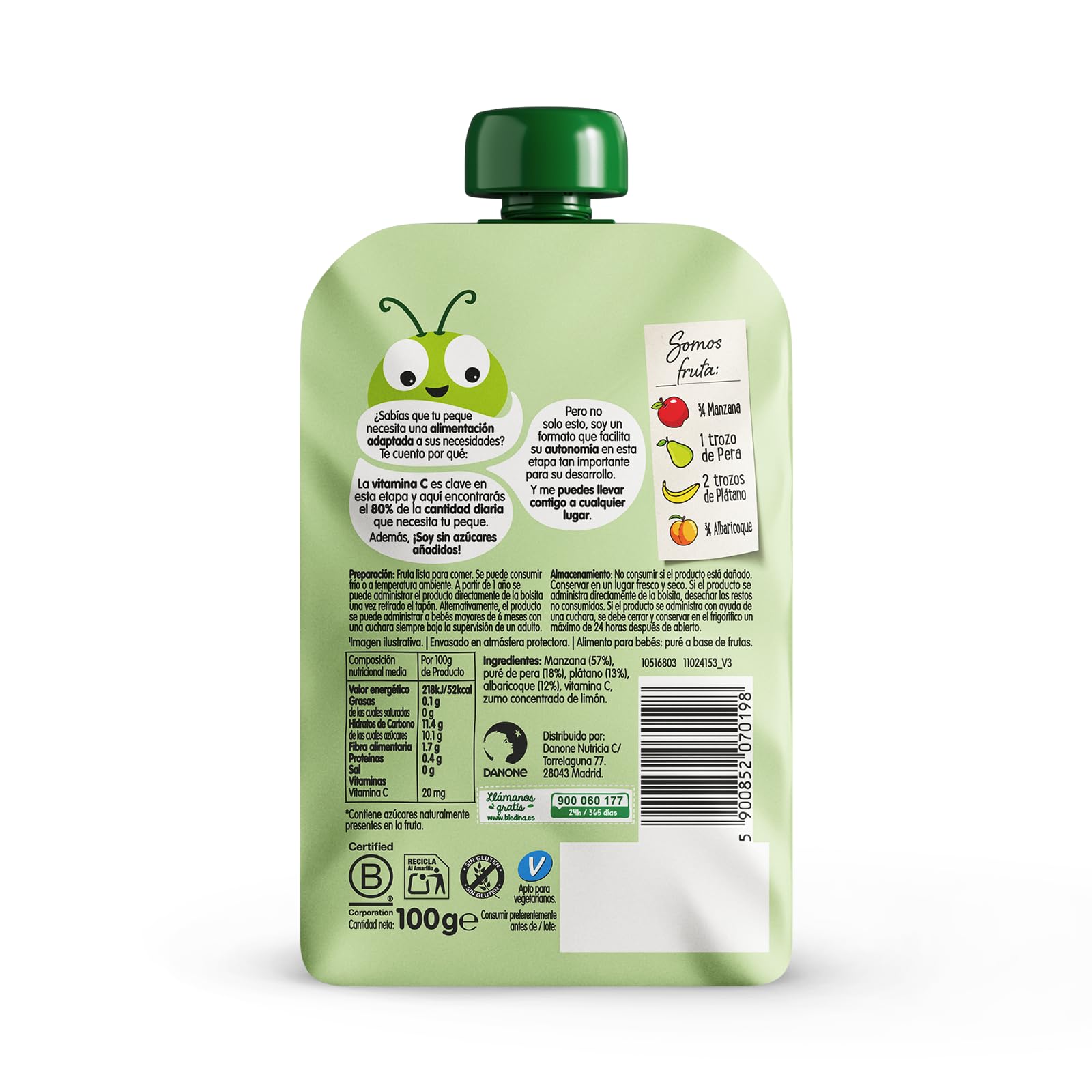 Blédina Bolsita de Manzana, Pera, Platano y Albaricoque para Bebé, 100% Fruta, Sin Azúcares Añadidos, Vitamina C, Fibra, 6 Meses, 100g