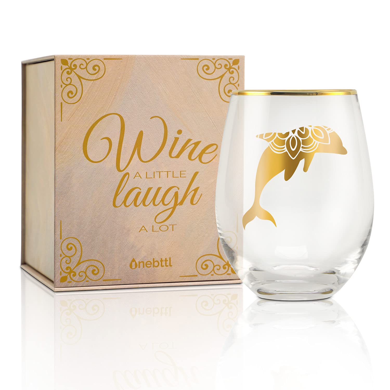 Onebttl Unique Dolphin Gifts - Ethnic Mandala Dolphin Stemless Wine Glass, Best for Dolphin Lovers, Perfect with Red Wine Gin Cocktail Fizzy Drinks - Gold - for Birthday, Celebrations, Housewarming