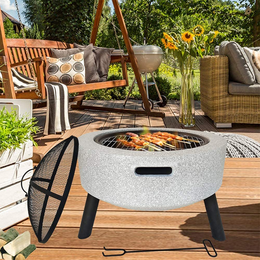 Mesa para Hoguera para Exterior Redonda, Hormigón, Piedra de Imitación para Fogata Al Aire Libre, con Pantalla de Chispa, Póquer para Chimenea, Rejilla Y Parrilla para Exterior, Jardín Black