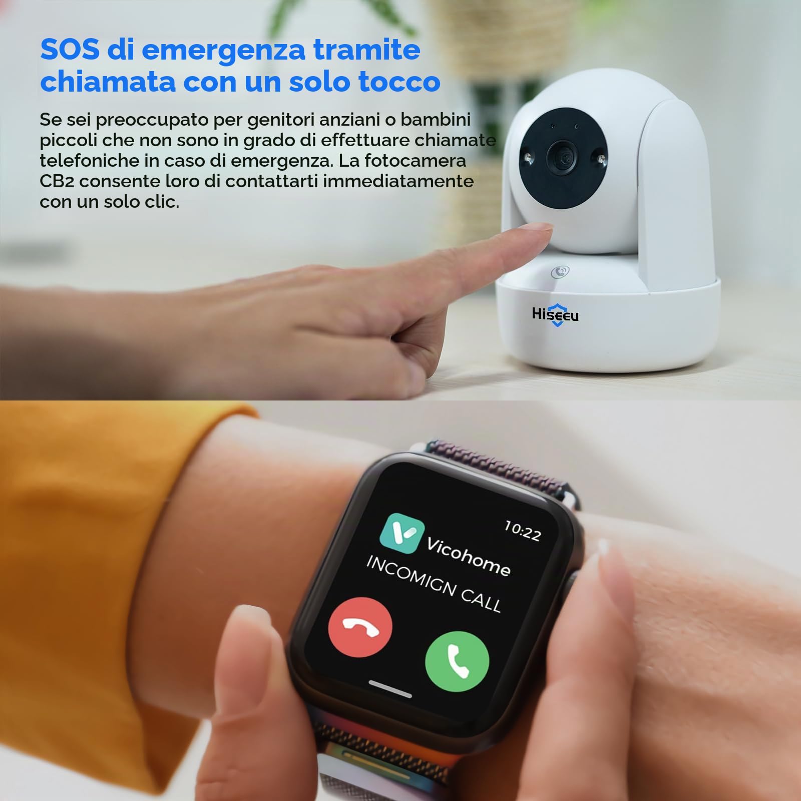 Hiseeu 2K Telecamera Wi-Fi Interno, 2.4G WiFi 360° Videocamera Sorveglianza Interno per Baby Cane, Vicohome Allarme APP Tracciamento Movimento Visione Notturna IR Rilevamento Umano AI Modalità Sonno