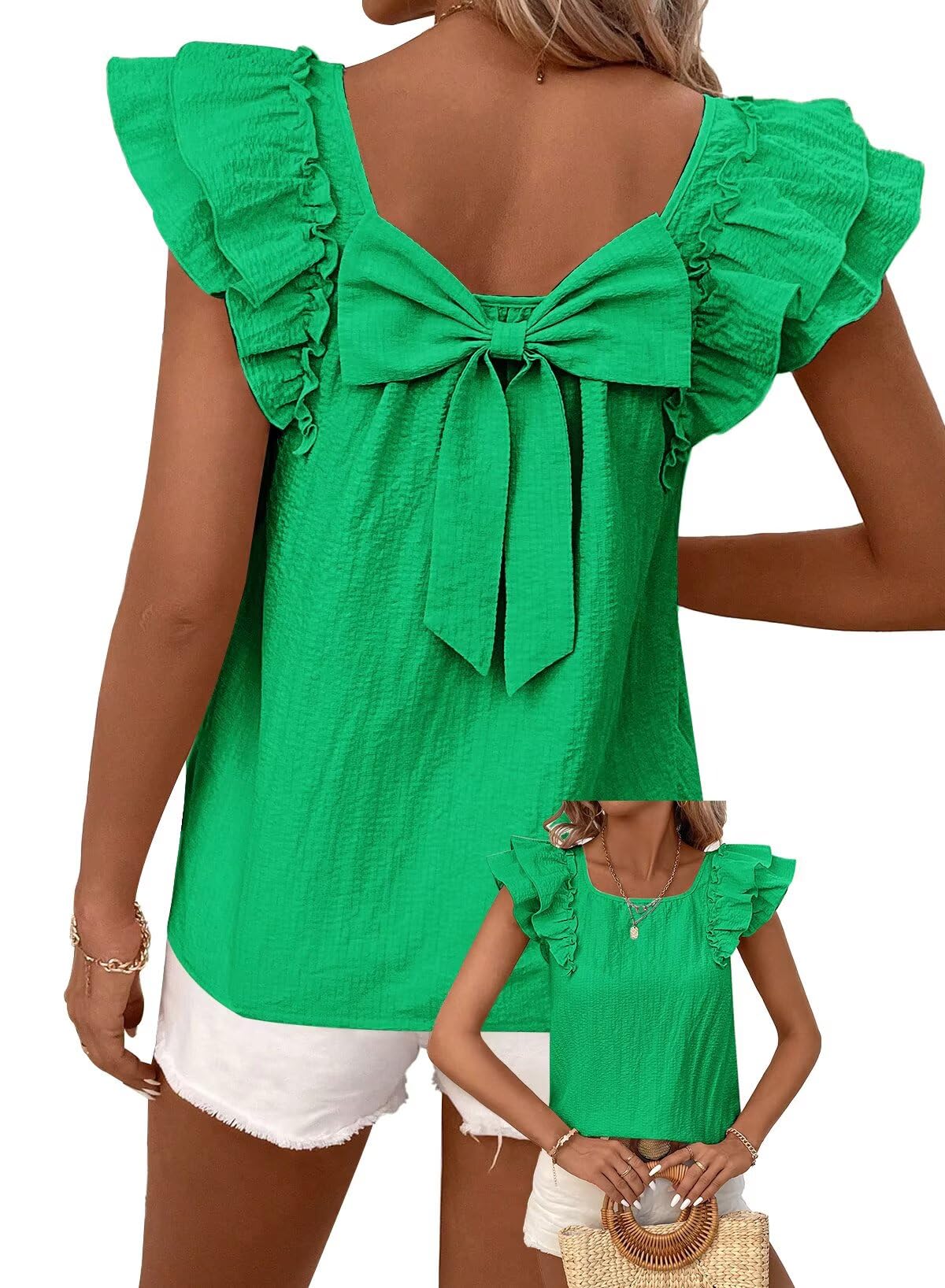 TUUHAW Top Damen Sommer Süße Oberteile Rundhals T-Shirt Kurzarm Bluse mit Rüschen Tunika Lässige Outfits Chiffon Puffärmel Rücken-Schleife Kleidung
