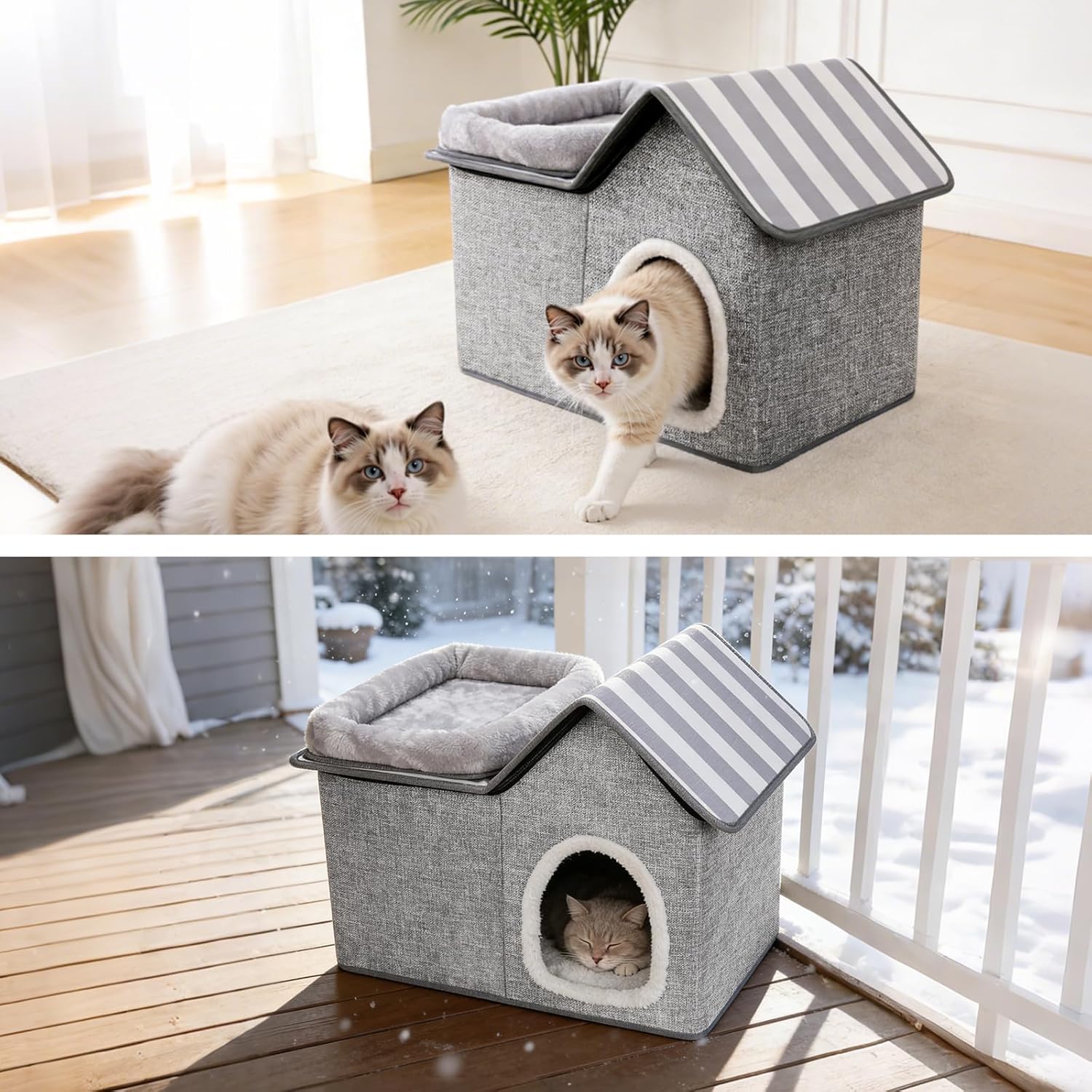 Masthome Niche pour Chat Intérieur Semi-Ouverte, Maison pour Chat 2 Étages sans Assemblage, Lit Pliable avec Coussin Amovible en Lin Respirant, Confortable pour Chatons et Petits Chiens Gris