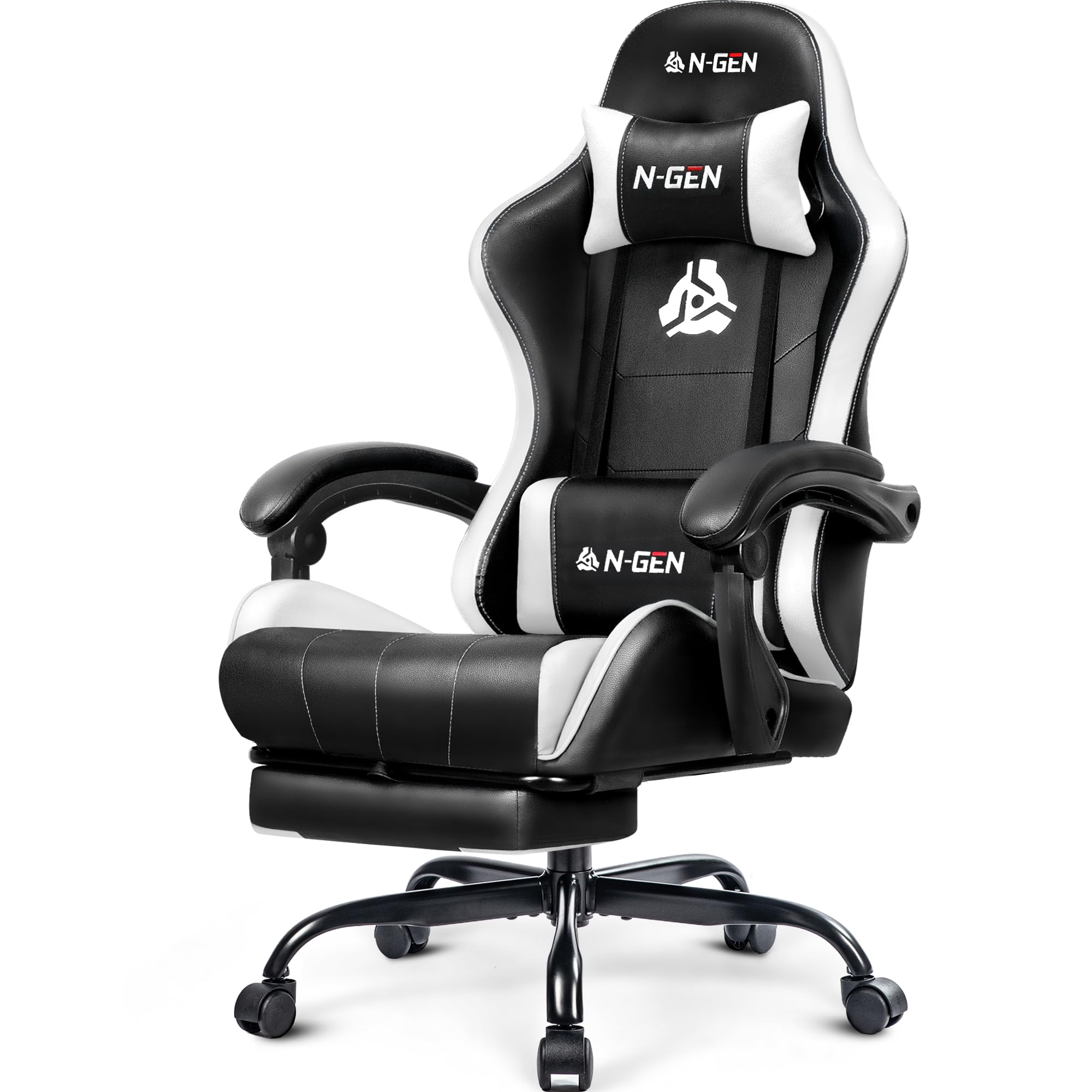 N-GEN GAMING Gaming Chair, Footrest, Lumbar, High-Back, White Black