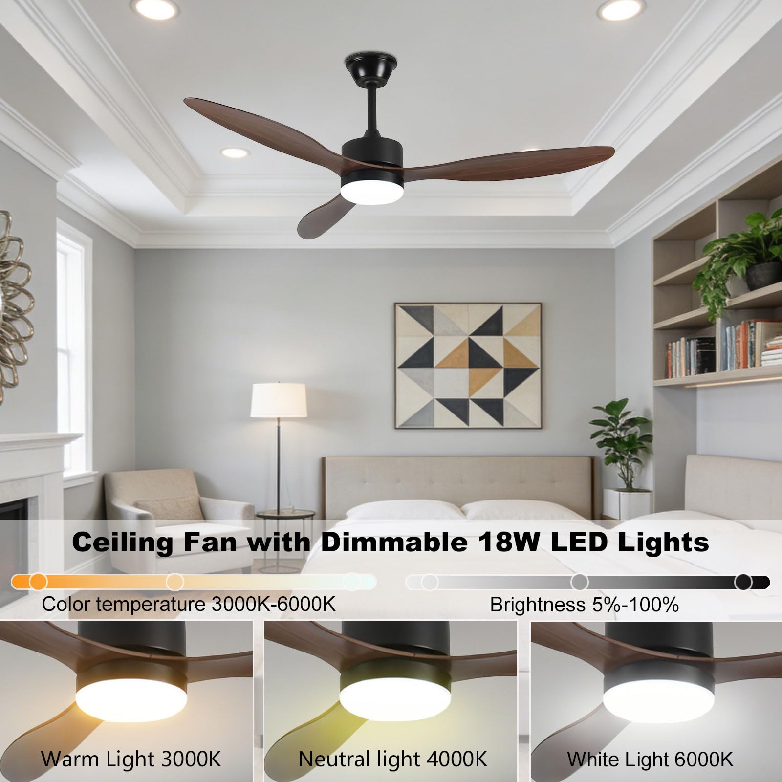 Ventilador de Techo Moderno con luz, 6 velocidades, silencioso, LED Regulable, Ideal para Dormitorio, Comedor y Sala de Estar. Control Remoto Inteligente/por aplicación/por Voz.