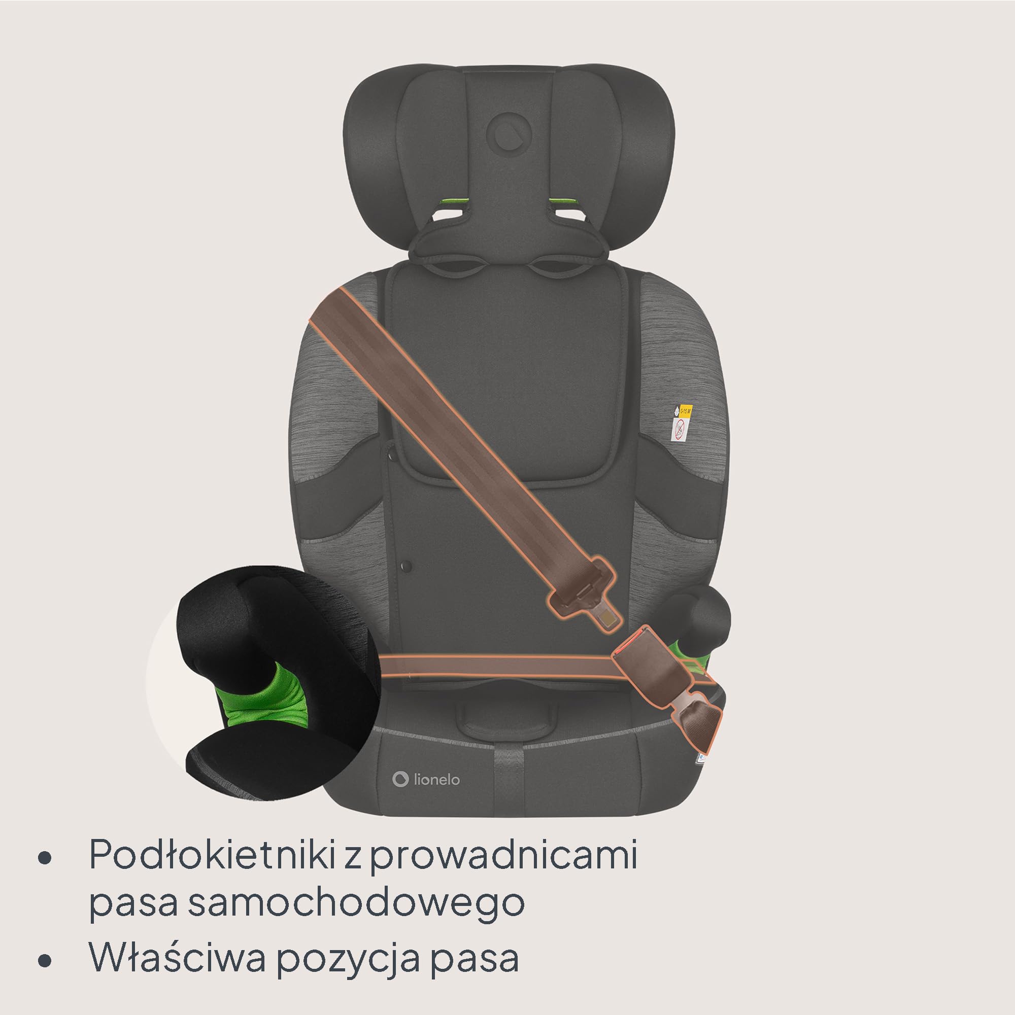 LIONELO Fotelik samochodowy Billy i-Size dla dzieci 76-150 cm (15 miesięcy – 12 lat) montaż na pasku lub na pasku, 10-pozycyjny zagłówek, ochrona boczna, górny pasek mocujący, 5-punktowa uprząż z