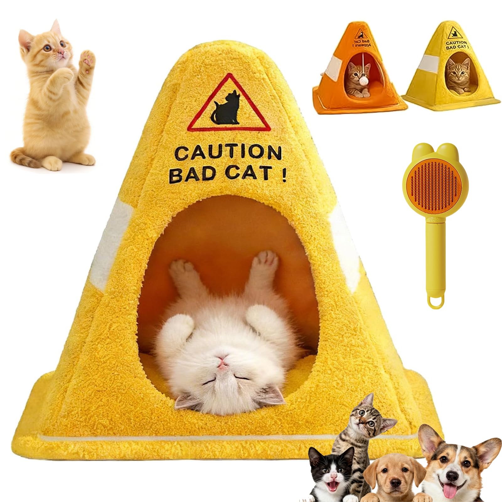 Caution Bad Cat Bed, 2026 Funny Soft Fleece Cozy Zipper Pet House with Detachable Inner Padding, Funny Enclosed Cat Cave Bed with Warning Sign Design, for Cats Dogs (A,15 * 15 * 14.1in)