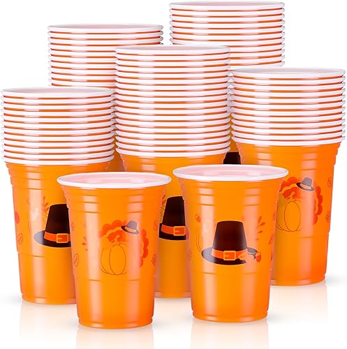 60 vasos de plástico de Acción de Gracias, vasos desechables para fiesta de otoño, tazas de calabaza y pavo, para decoración de fiestas, suministros