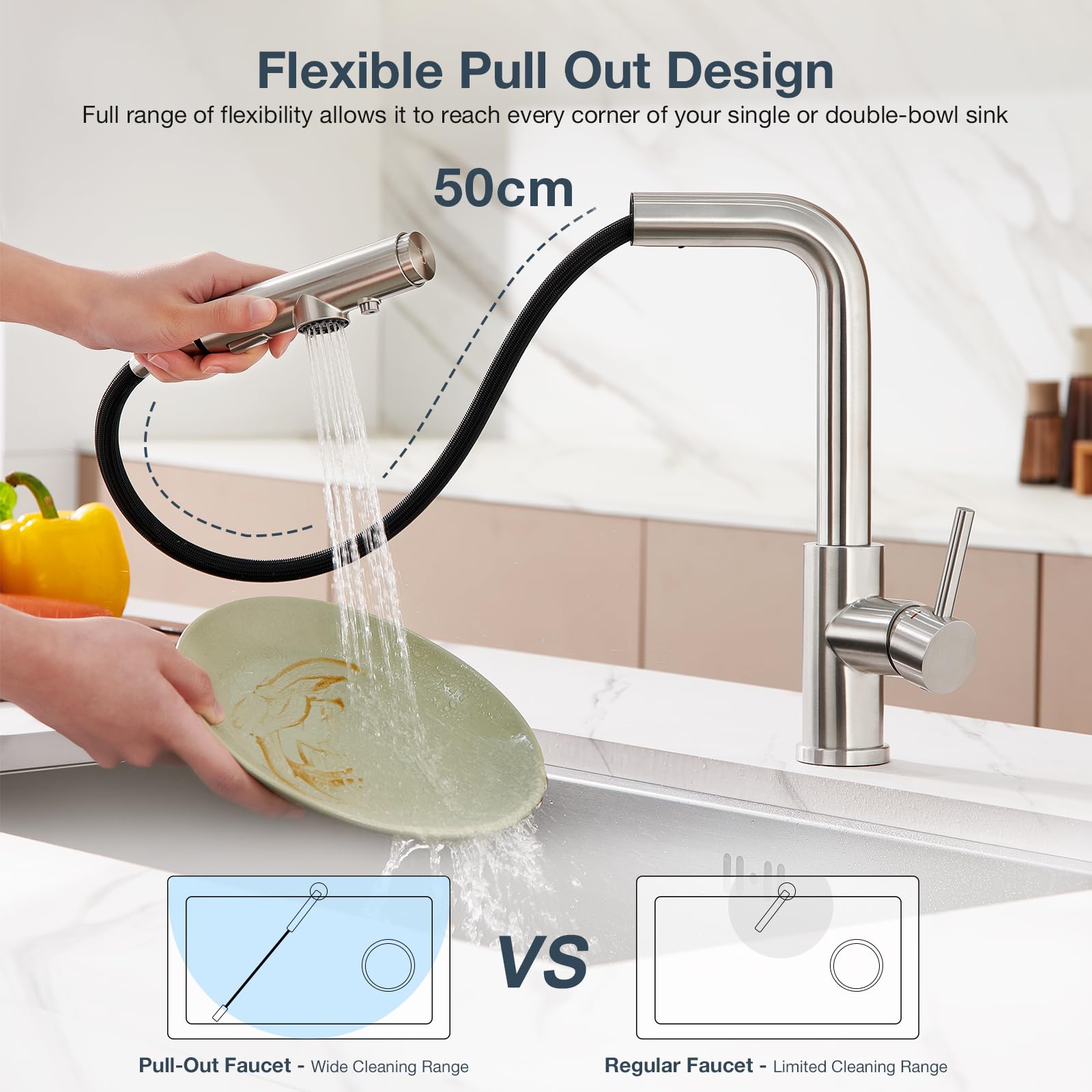 Grifo para Fregaderode Cocina de 3 Vías con Ducha extensible de 3 Funciones, Grifo de Cocina para Filtro de Agua, Sistemas de Ósmosis, Acero inoxidable cepillado