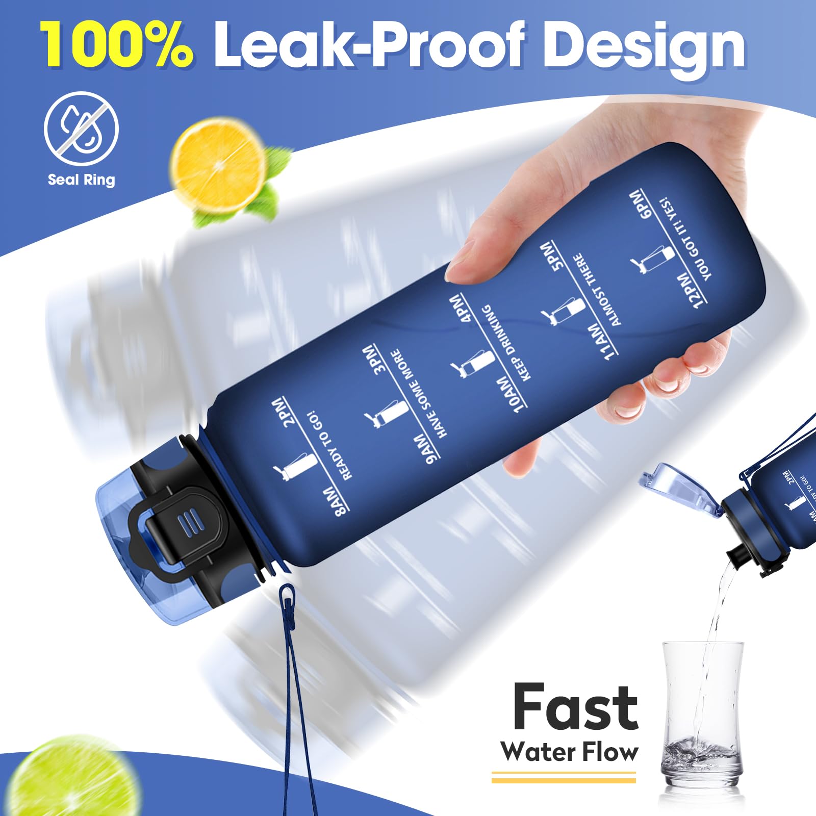 JAPORIA Borraccia 1Litro, Bottiglia Acqua a Prova di Perdite, Borraccia Sportiva con Indicatore del Tempo Motivazional, Borracce per Bici, Palestra, Scuola