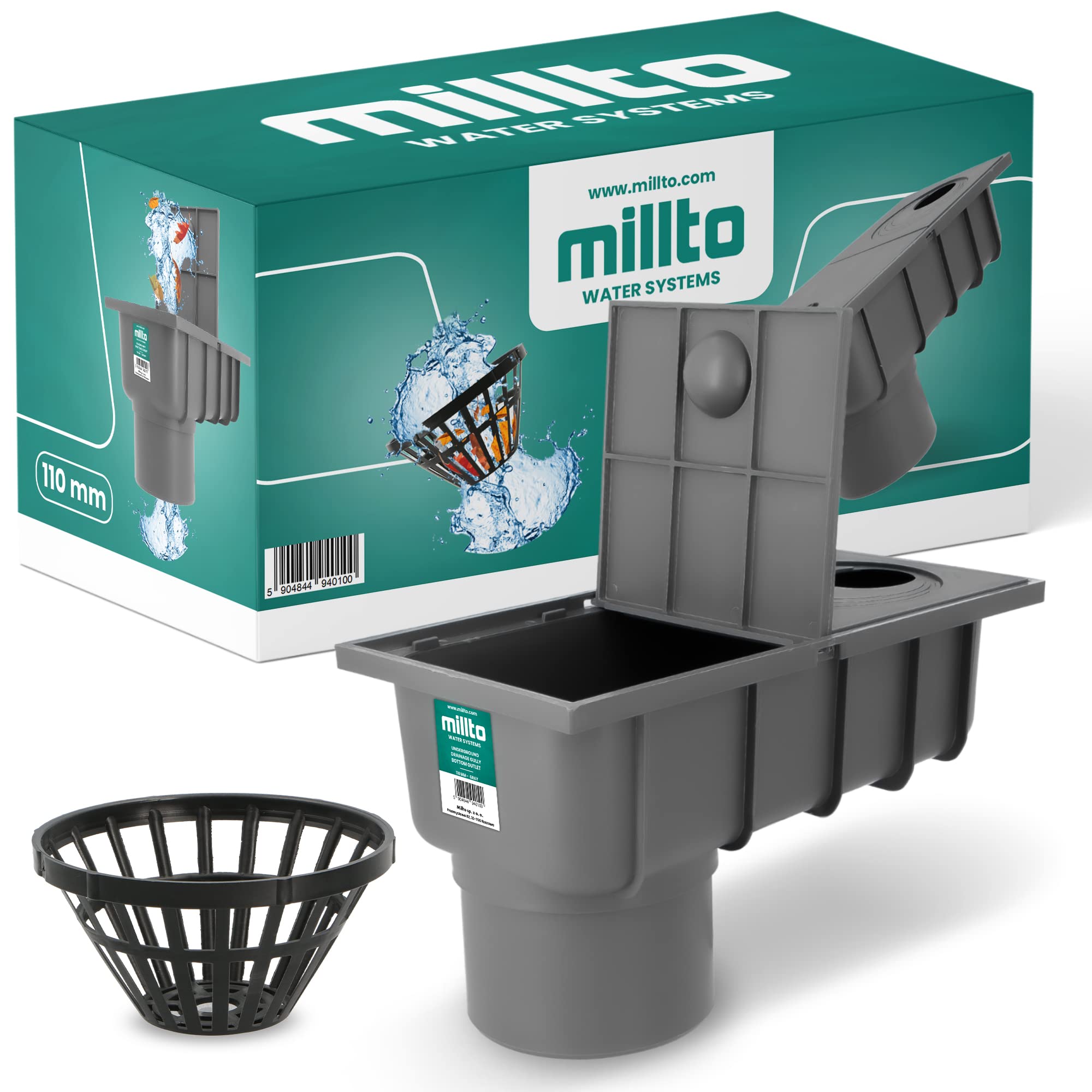 Millto™ Regensinkkasten mit Sieb 110mm Regenwasserablauf Dachrinnenablauf Hofablauf Entwässerung Abflusstrichter Gully Siphon Gechteckiger Kontrollschacht Rückstauverschluß Geruchsklappe