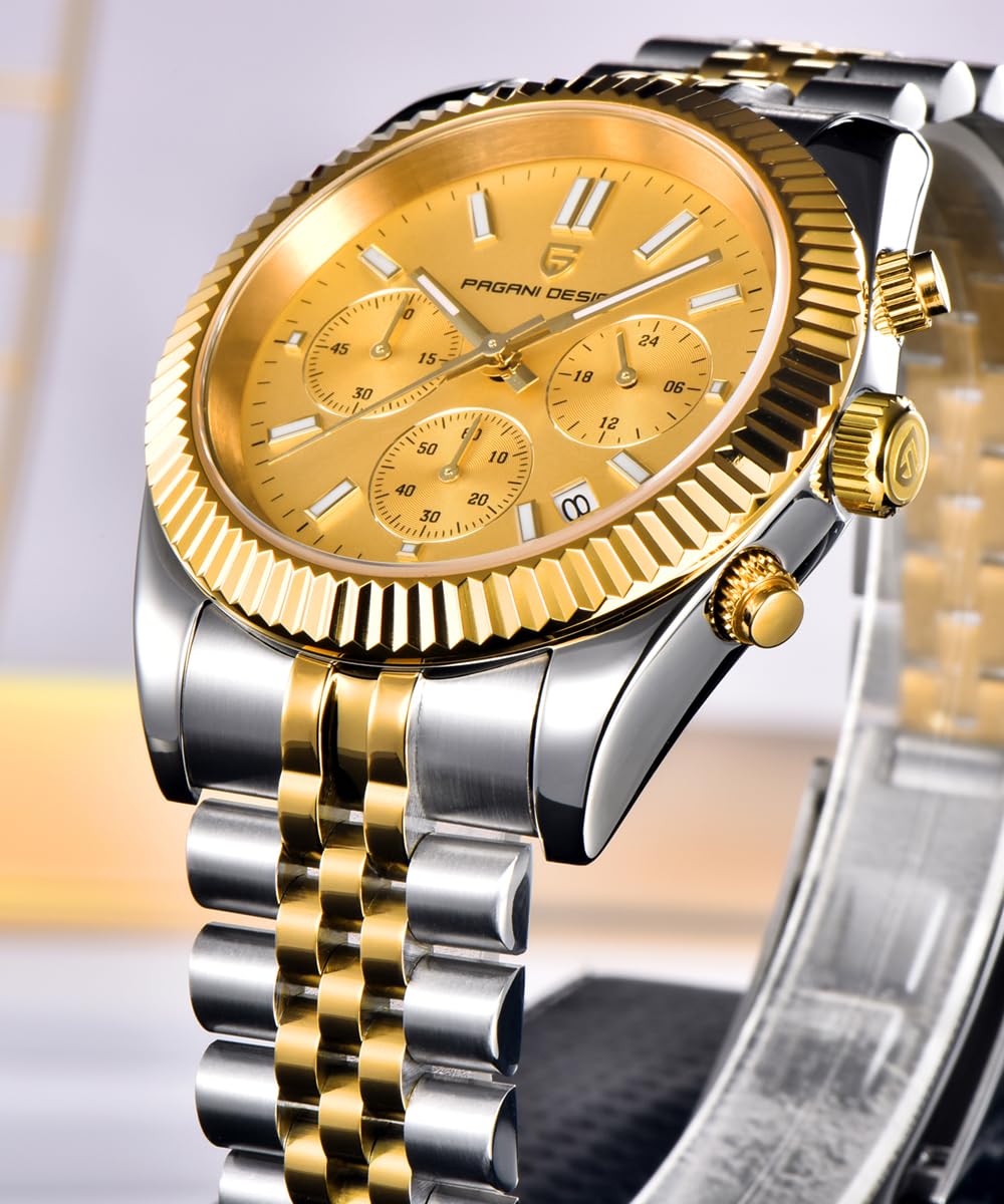 CEYADG Pagani Design - Reloj cronógrafo para Hombre, 40 mm, Reloj de Pulsera de Lujo para Negocios, Movimiento Japan VD53, Fecha, Dorado
