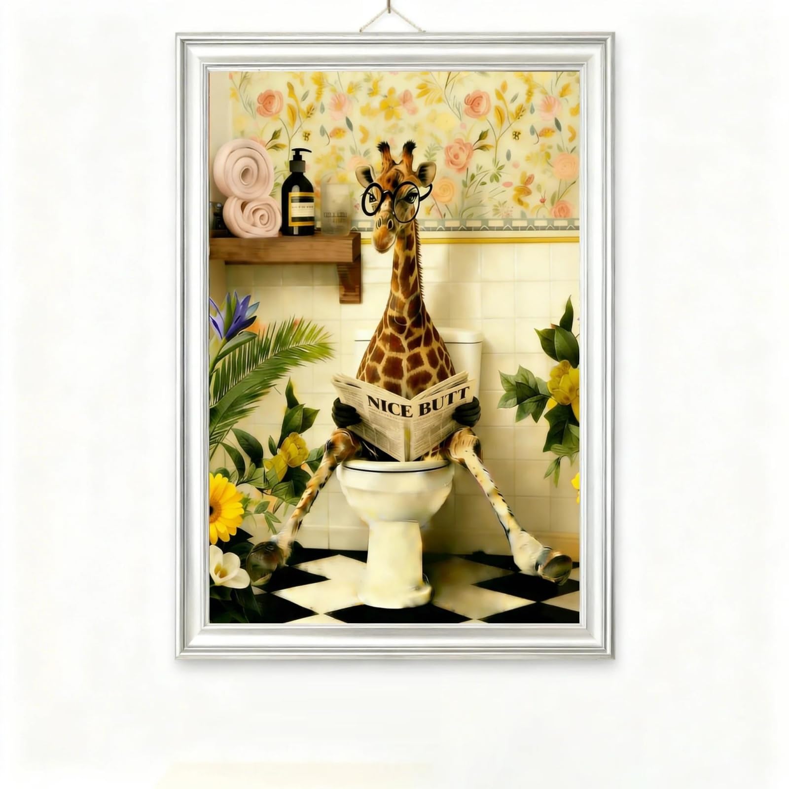 Tableau Girafe Aux Toilettes Impression Toile Format A4 au 60x90cm