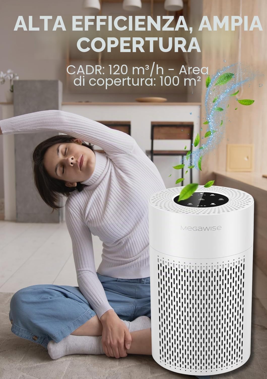 Purificatore d'aria per stanze grandi fino a 1080ft² Filtro HEPA H13 a 4 stadi, Carbone attivo, Sensore aria intelligente, Peli di animali domestici, Odori di fumo, Polvere, Silenzioso