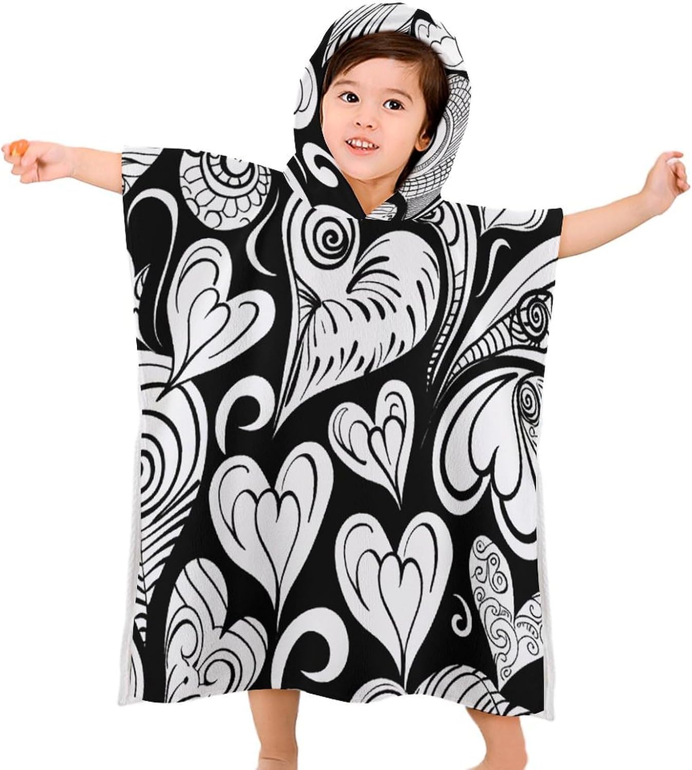 Kids Bath Towel Kids Hooded Beach Towel Kids Pool Towel Heart Shapes and Swirls Printed Kids Beach Towel for Boys Girls Soft Absorbent Quick Dry Beach Swim Pool Towel