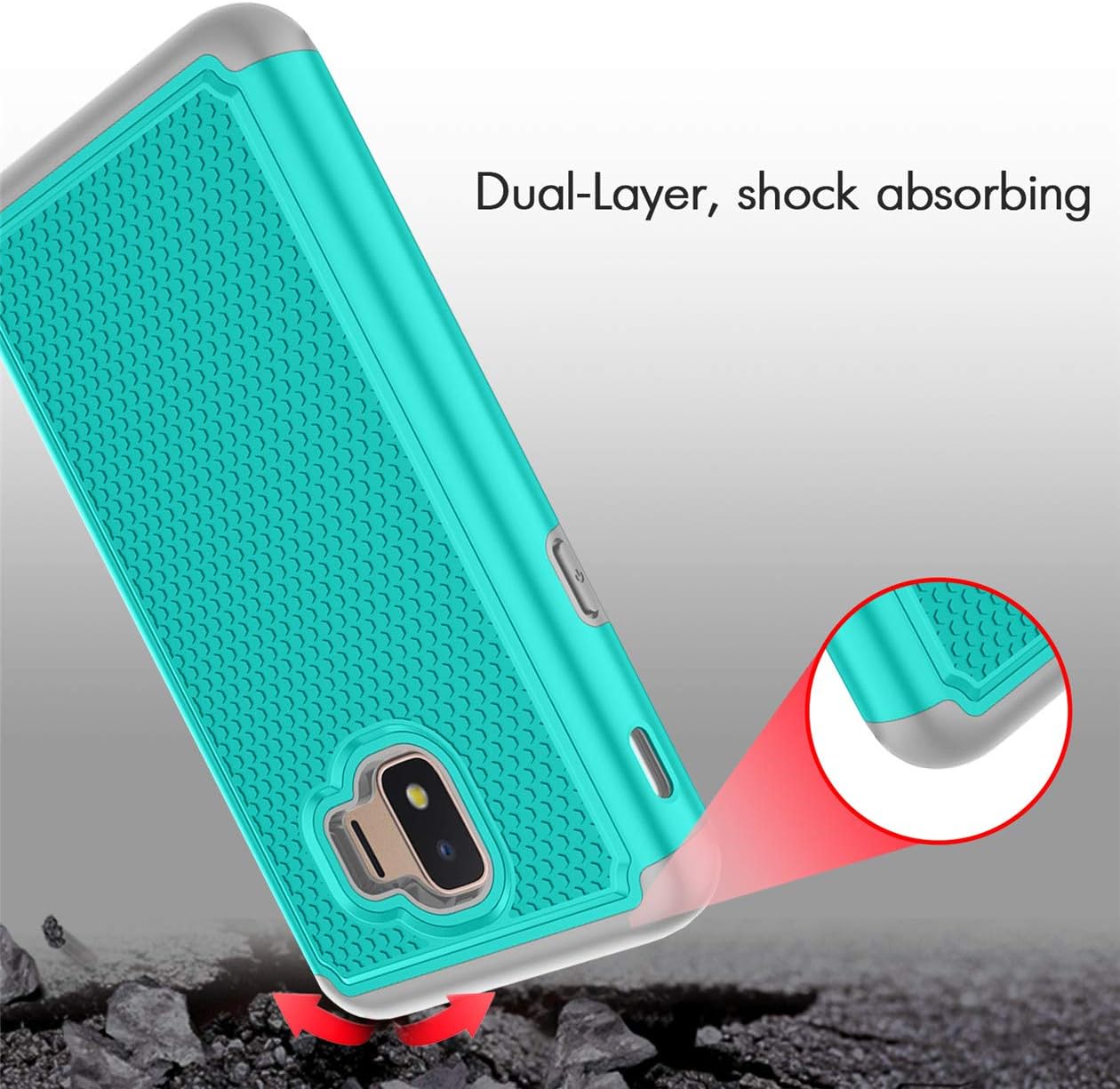 Compatible with Samsung Galaxy J2 Case/J2 Shine/J2 Core/J2 Dash/J2 Pure/J260 Case,w HD Screen Protector Dual Layers Protective Hard PC Football Lines Design Back Soft TPU Rubber Shockproof Case.Teal