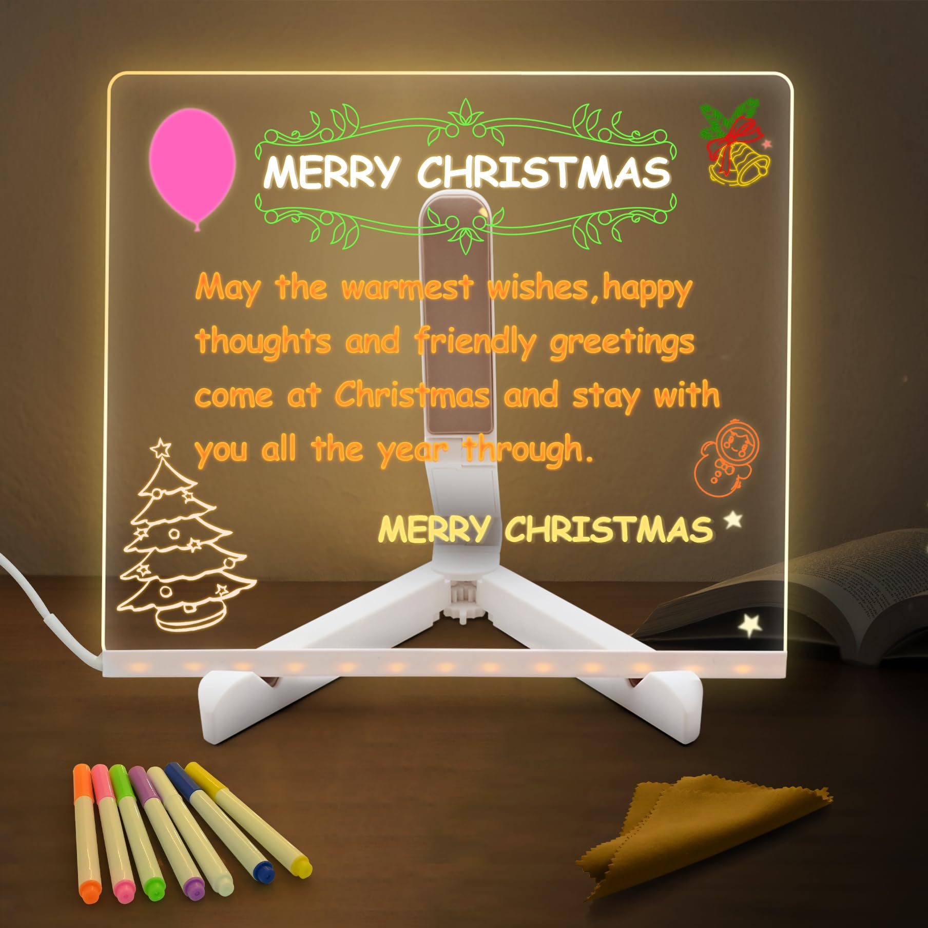 Light up Memo,LED Message Board with 7 Colors Pen/Stand,Acrylic Board 20x20CM,Acrylic Dry Erase Board,Note Memo Illuminated Wordpad,Arts Doodle Notepad for Child Home School Office