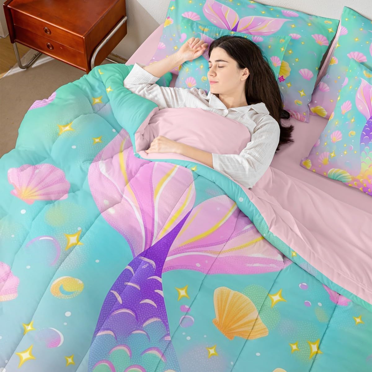 Mermaid Comforter Set 7 PCS,Girls and Women Bed Set for Boys Girls Kids,Pink Purple Tail Scale Bed in a Bag Bedding Set with Comforter,Sheet Set,Pillowcases,Pillow Covers,Twin