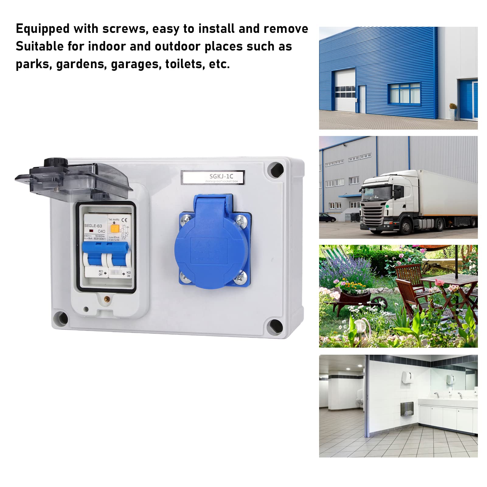 Boîte de Prise éLectrique Murale Norme Allemande pour Utilisation Dans Jardins Garages Extérieurs 200-250v avec Disjoncteur Rcd 1p+n 40A 230V Coque Abs Classification Ip54