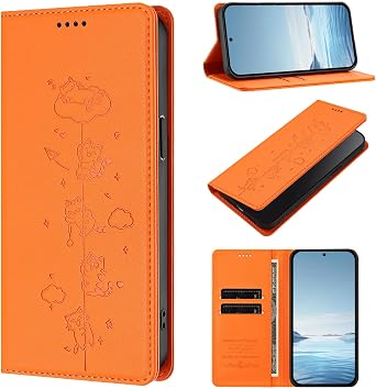 Flip Leather Case for VIVO X300 Pro Cover,Cute Cat Pattern PU Wallet Card Slots Holder RFID Blocking Kickstand Magnetic Shockproof Protective Phone Case-Orange