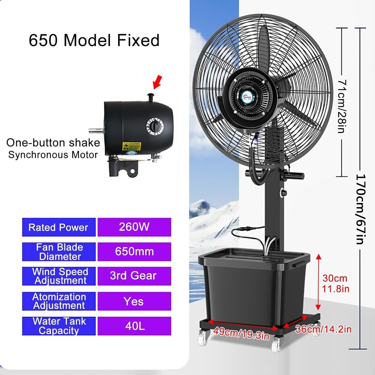 Cool Mist Fan Outdoor Misting Oscillating Pedestal Fan, Portable Industrial Misting Fan, 90 Degree Oscillation for Cooling, Patio, Garage, Gym, Workshop(65cm)
