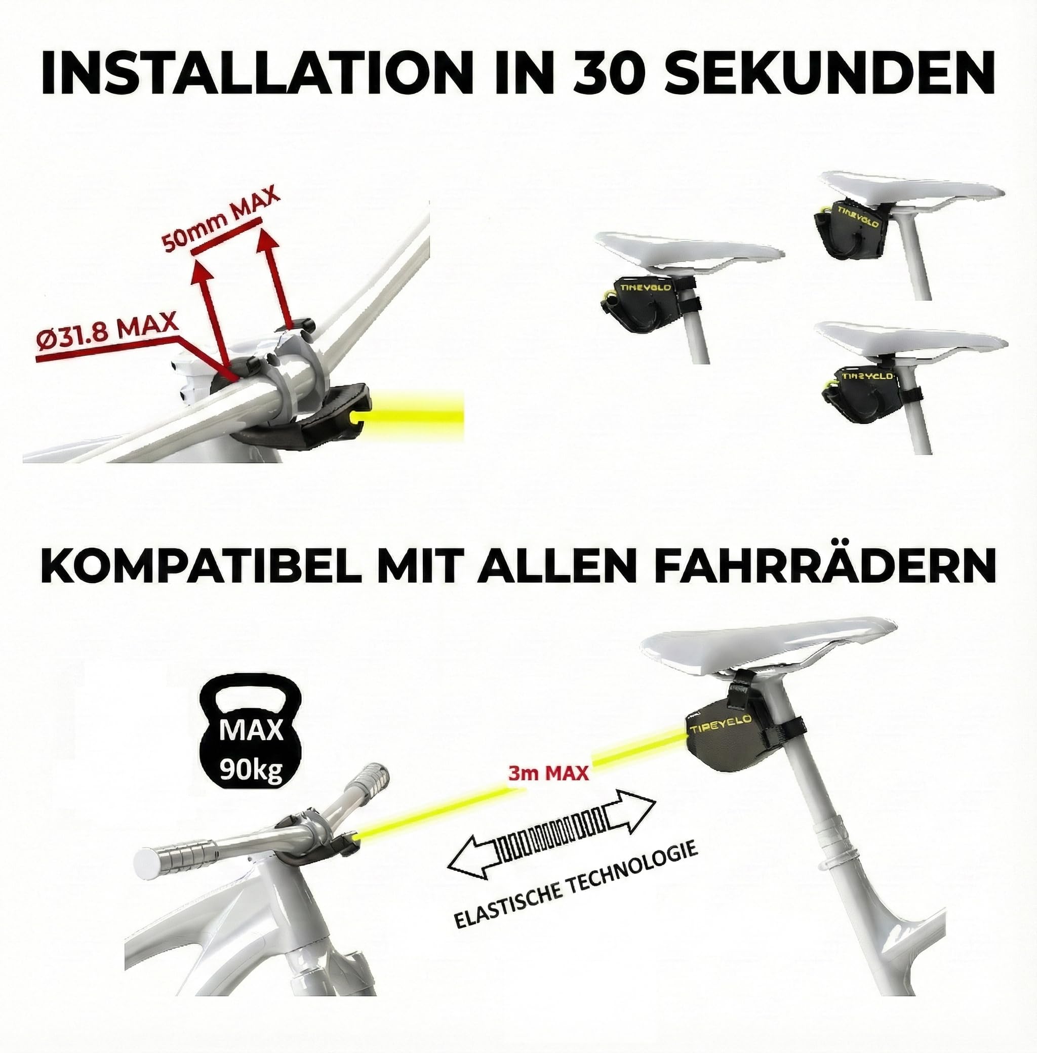TIRE VELO – Fahrrad Abschleppseil für Kinder & Erwachsene – Elastisches Zugsystem für MTB & E-Bikes – Ruckfreies Anfahren, Schnelle Montage an Sattel & Vorbau – Max 90kg