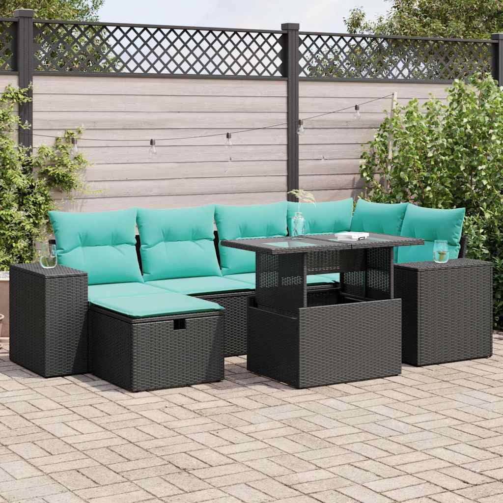 Set lounge 7 pezzi con cuscini, polyrattan grigio e acacia, mobili da terrazza modulari con vano portaoggetti impermeabile e rivestimenti lavabili rimovibili