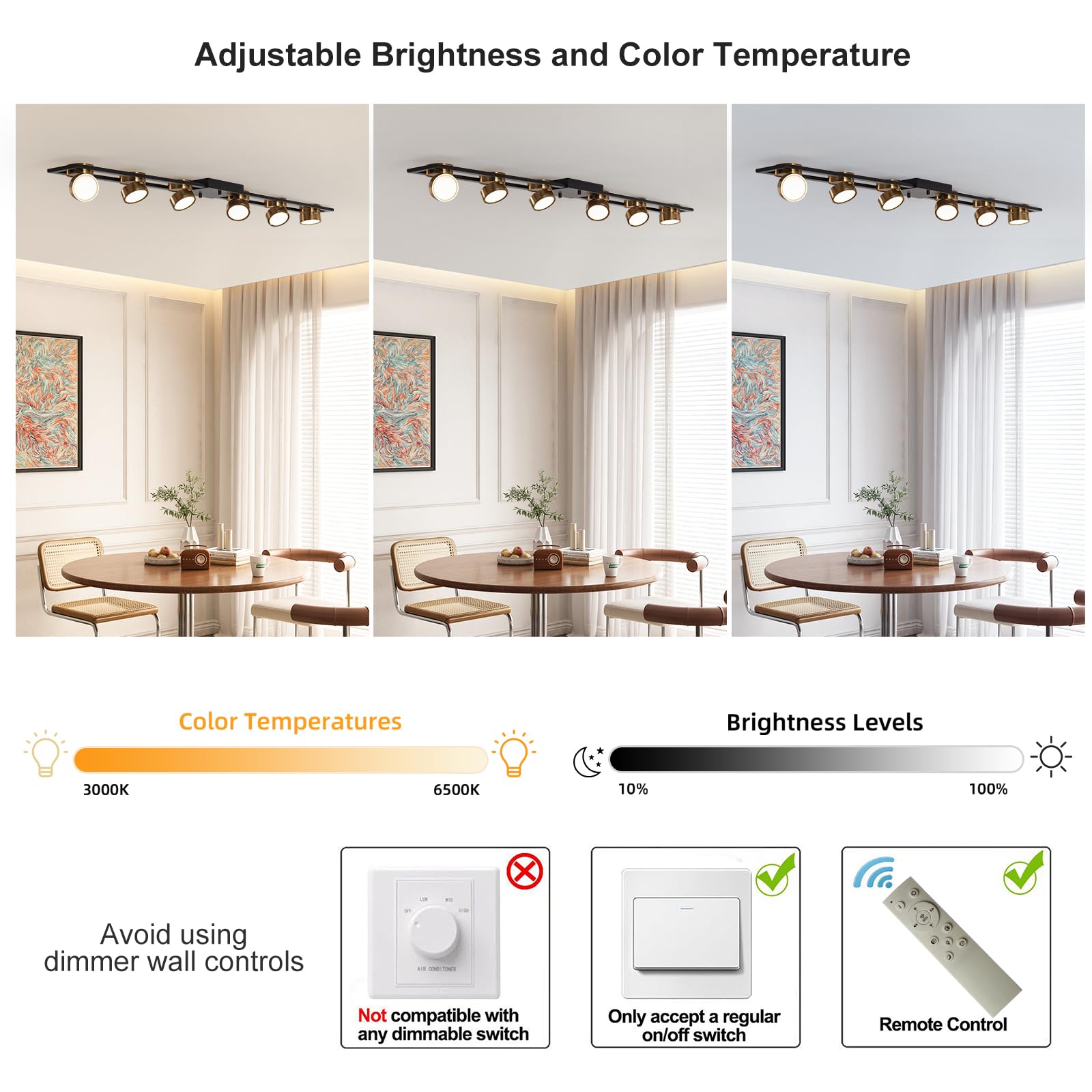 GEADI Modern Deckenlampe 123CM, 72W Dimmbar LED Deckenleuchte mit Fernbedienung, Einstellbar 6 Flammig Küchenlampe Schwarz, Lang Deckenstrahlerleuchte für Wohnzimmer, Schlafzimmer, Esstisch, Flur