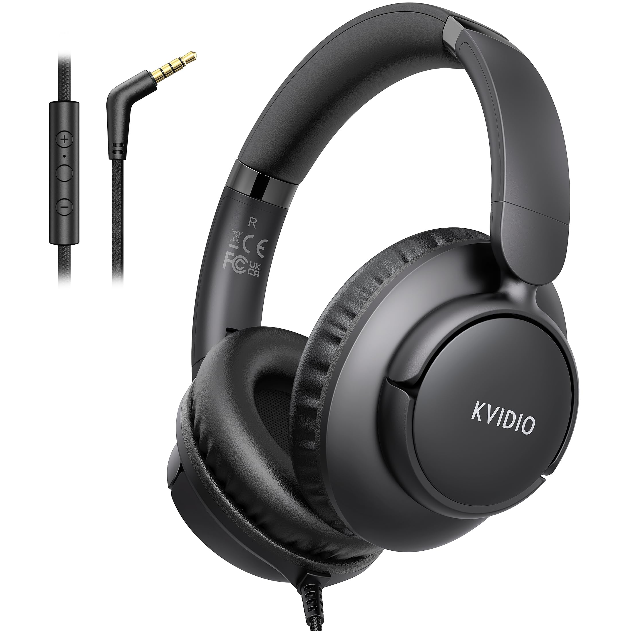 KVIDIO 마이크가 있는 유선 헤드폰, 오버이어 경량 접이식 3.5mm 플러그 인 유선 헤드폰, 볼륨 컨트롤이 있는 유선, 1.5m(5피트) 엉킴 없는 코드, 태블릿 노트북 MP3/4 학교 여행용 블랙