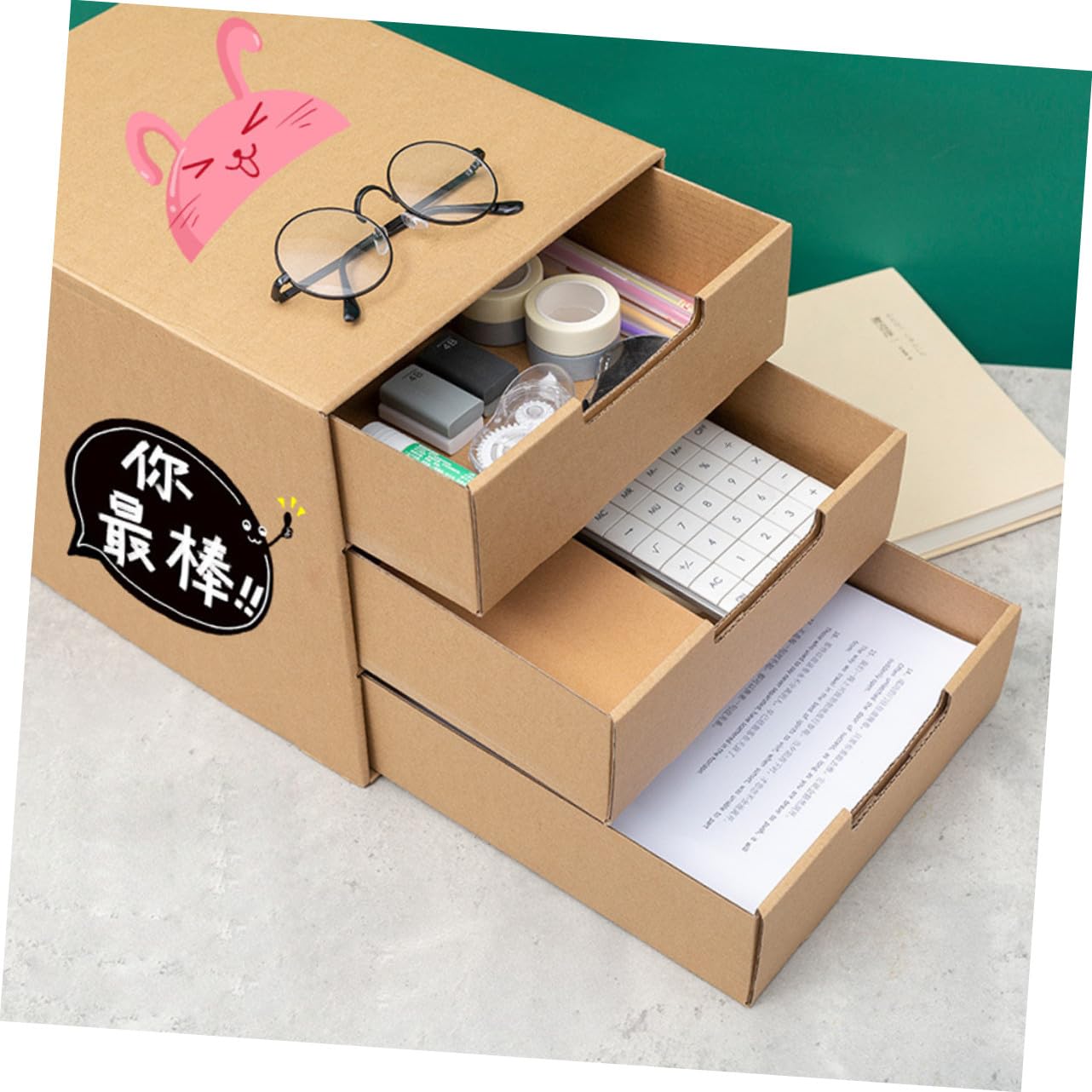 Gatuida Organizzatore da Scrivania Organizer Multifunzionale Compatto Cassetti Scorrevoli in Carta Beige , Porta Documenti e File per Ufficio e Camera da Letto