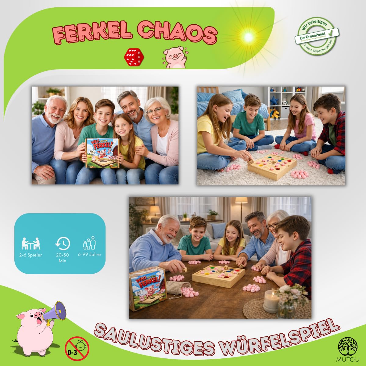 Mutou Débarrassez-vous du porcin. Le jeu de dés sauvage Pig Hole en bois | 60 cochons | Jeu de fête et jeu familial pour 2 à 6 joueurs | Jeu de société Big Hole