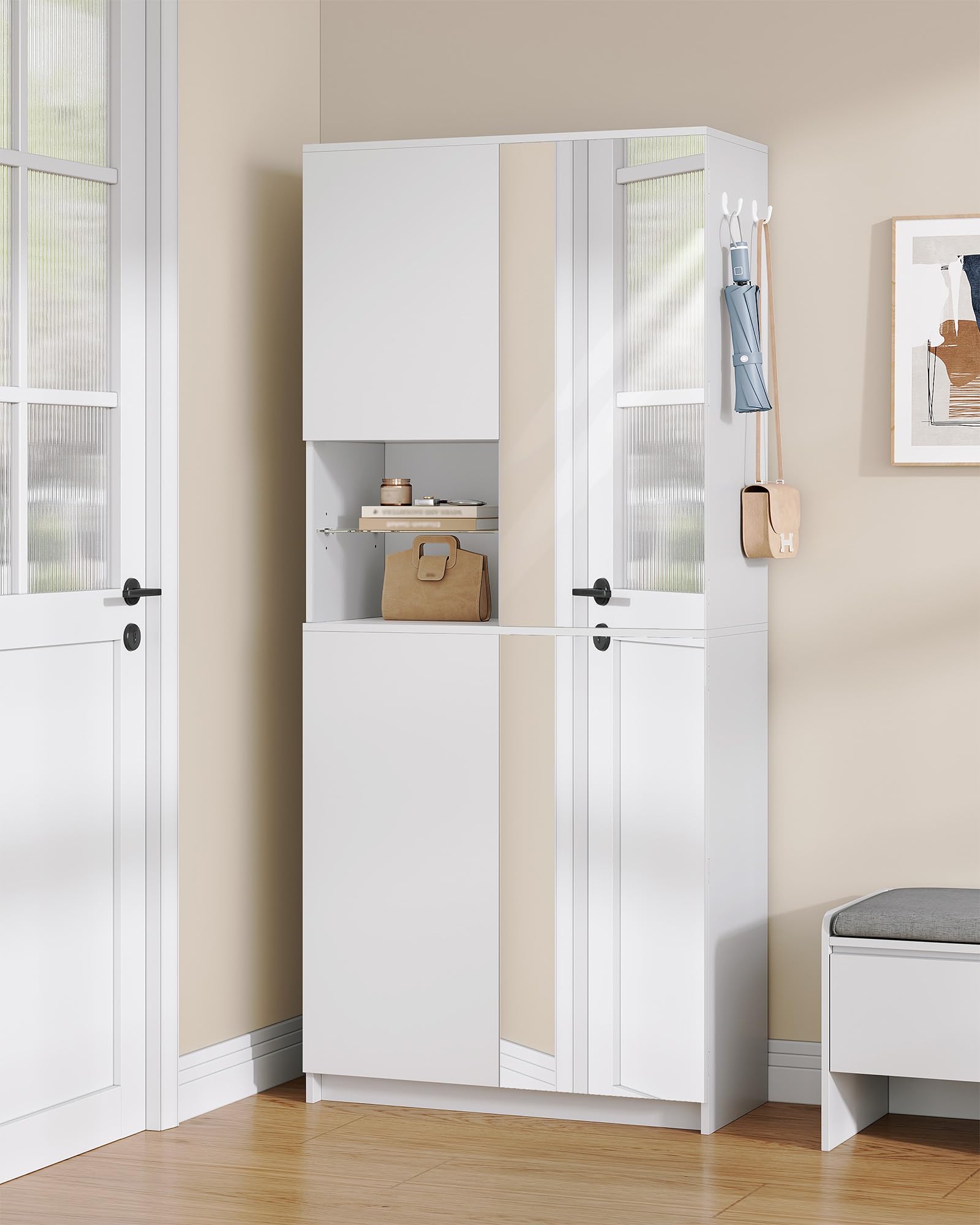 Hzuaneri Zapatero Alto con Espejo, Mueble de Recibidor para 36-40 Pares de Zapatos, Armario de Entrada con Mecanismo Push-to-Open, Estantes Ajustables, 2 Ganchos y Estante Abierto 36x80x180 cm Blanco | Apertura por presión, separador ajustable, 2 ganchos,