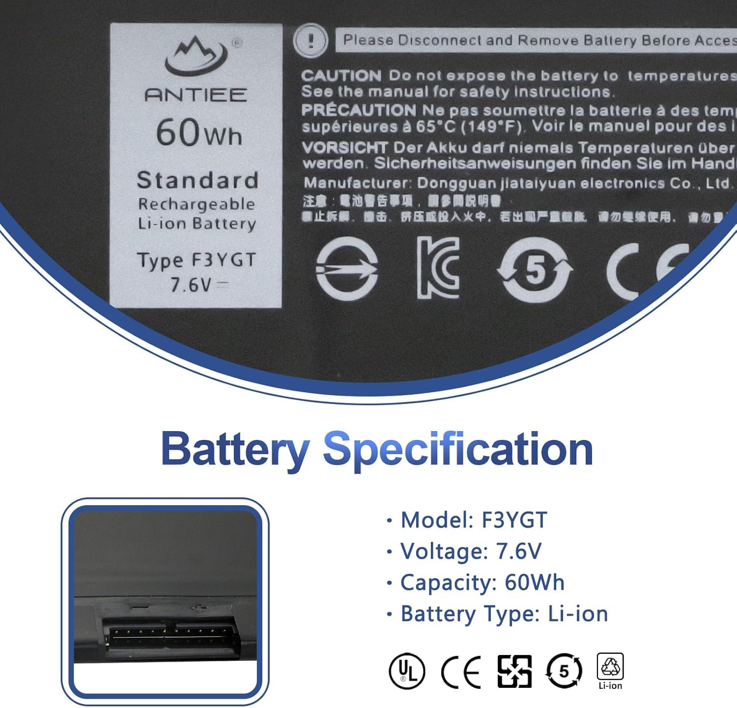 ANTIEE F3YGT Laptop Batería para DELL Latitude 12 7000 7280 7290 Latitude 7380 7390 7480 7490 E7480 E7280 Notebook 0F3YGT DM3WC DM6WC 0DM3WC 2X39G KG7VF V4940 451-BBYE 7.6V 60Wh