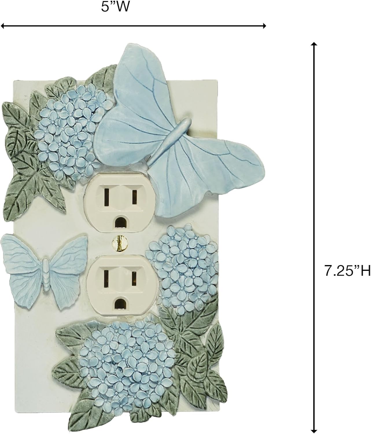 Butterfly In Bloom Lighting Switchplate | Pastel Blue | 1-Gang Single Outlet (2 Socket Plug-Ins) Cover | Handpainted Butterflies & Hydrangea Flowers on Vintage White | Color-Match Hardware Included