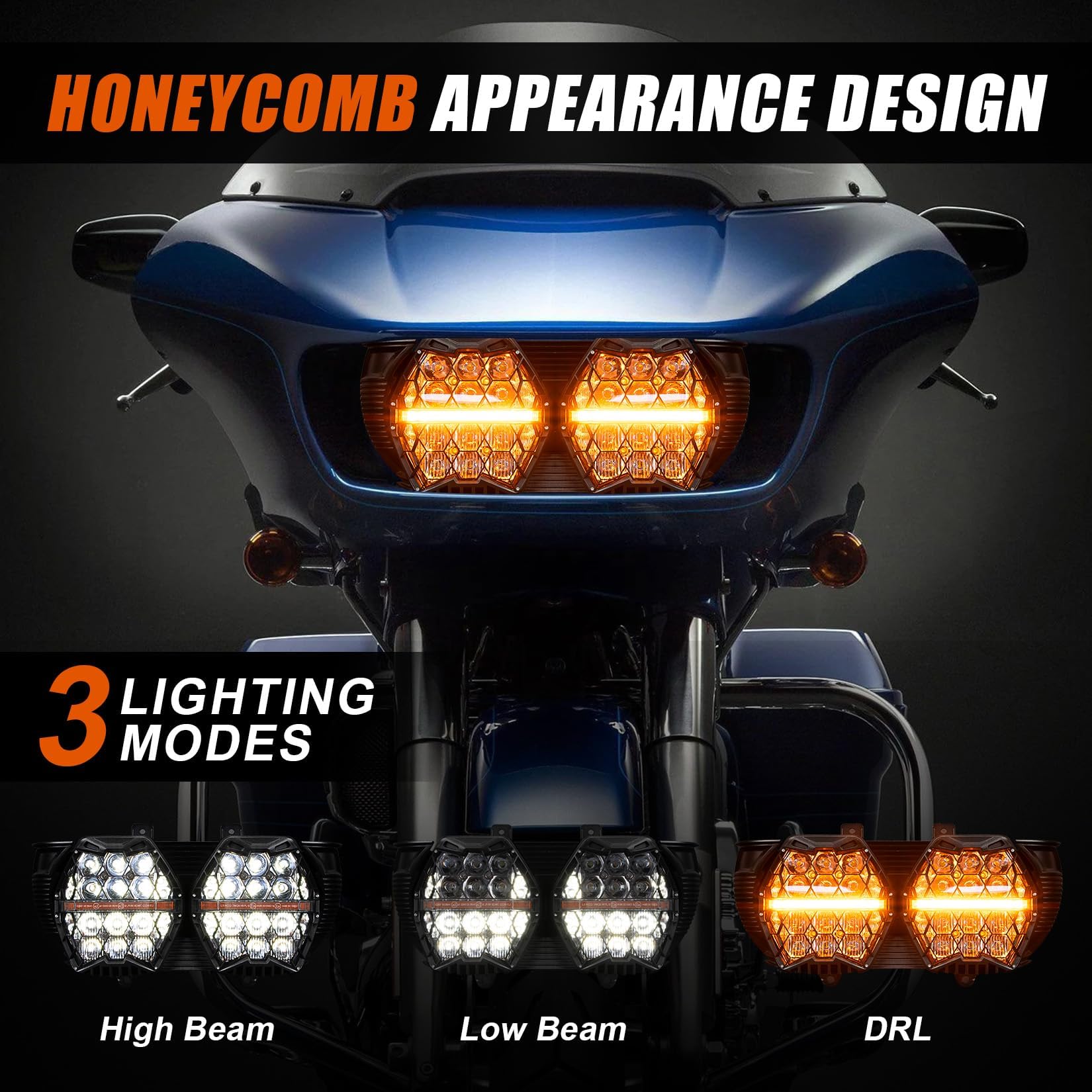 PSLER 240W Motorcycle Led Headlight Dual Vision Honeycomb Bright Dual Led Headlight Honeycomb With 3 Lighting Modes For Road Glide 2015-2024