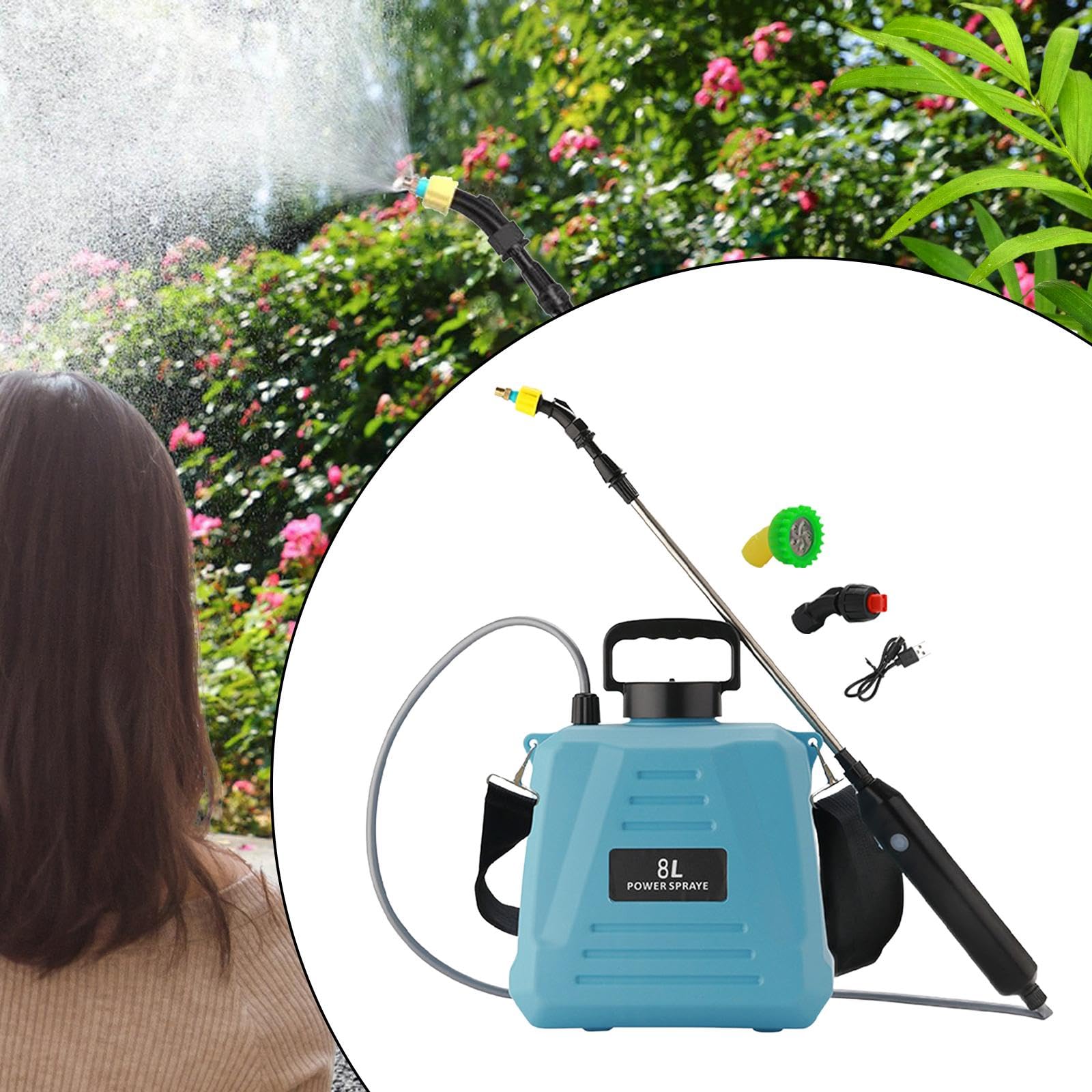 Pulvérisateur électrique à Haute Performance pour Jardinage, Bouteille de Pulvérisation Incluse, 8 L Bleu