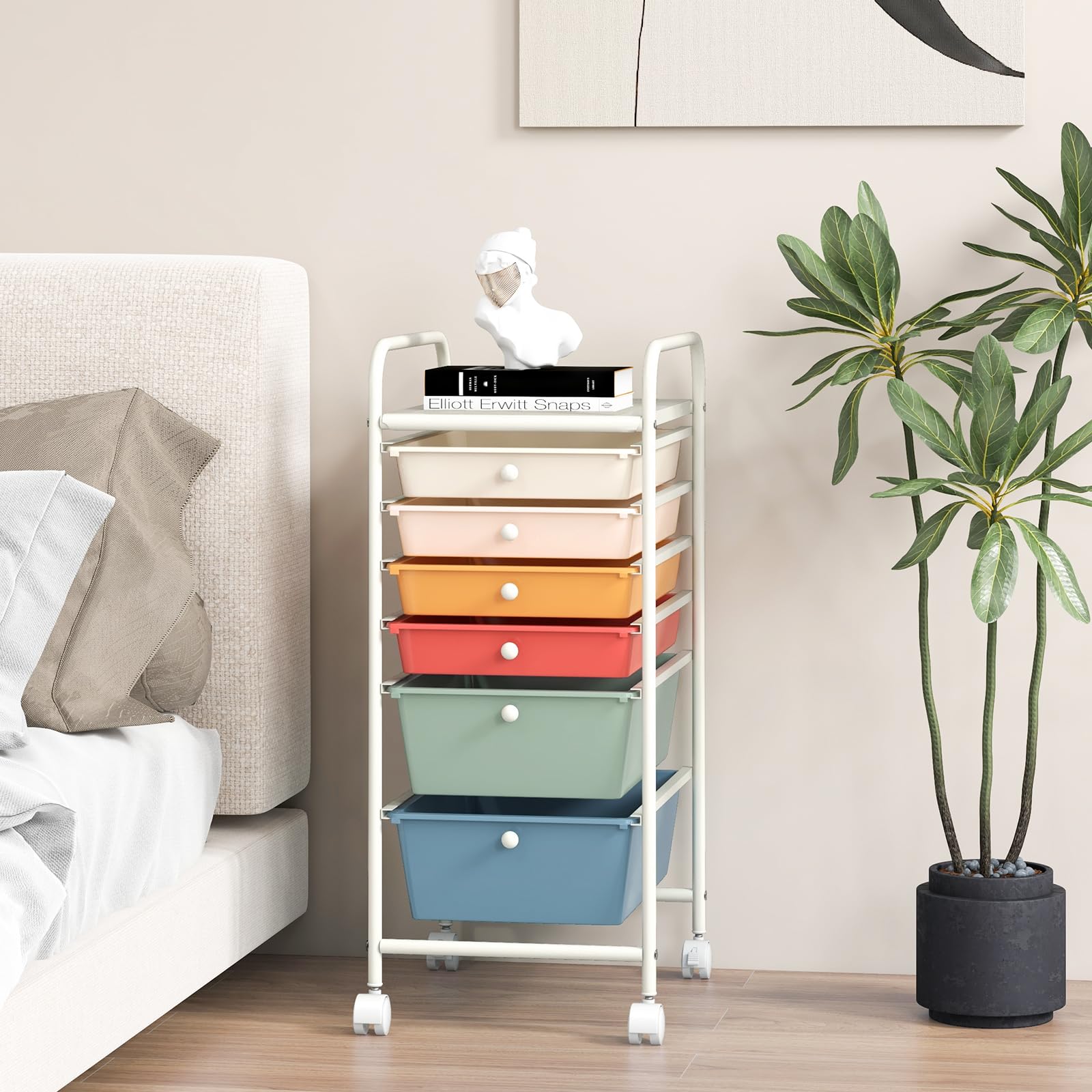GOPLUS Chariot de Rangement à Roulettes Verrouillable 6 Tiroirs Amovibles, Desserte à Roulettes Mobile avec Plateau et Poignée Latéral, Silencieux, Cadre en Métal, 37x32,5x74,5CM, pour Chambre, Bureau