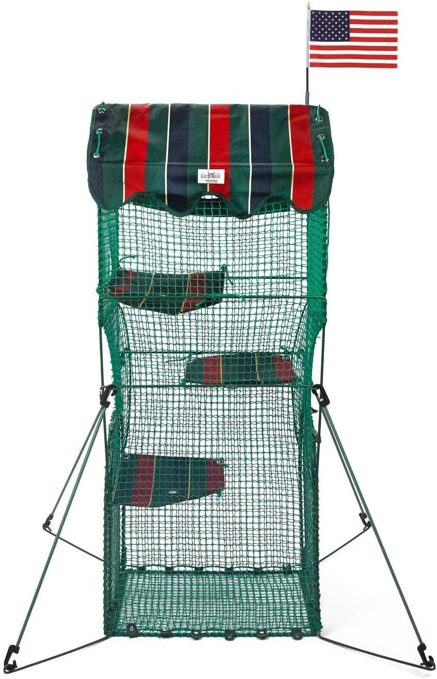 Kittywalk Penthouse with three resting platforms and a sunshade, shown with an American flag on top.