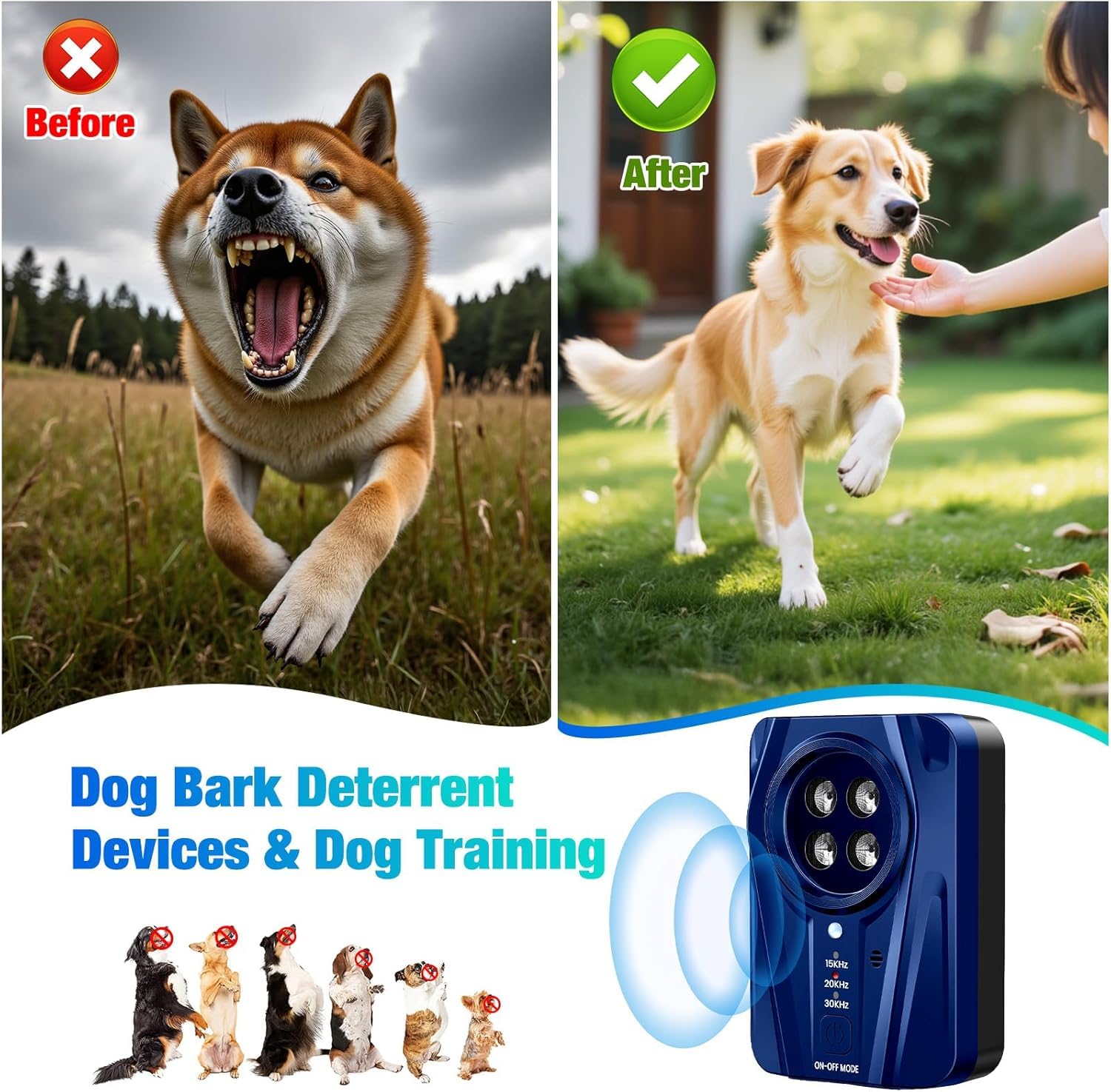 Dispositivo antiladridos, dispositivos disuasivos ultrasónicos de mano para perros con doble frecuencia, rango efectivo de 16.4 pies, dispositivo de ladridos de perro para entrenamiento en