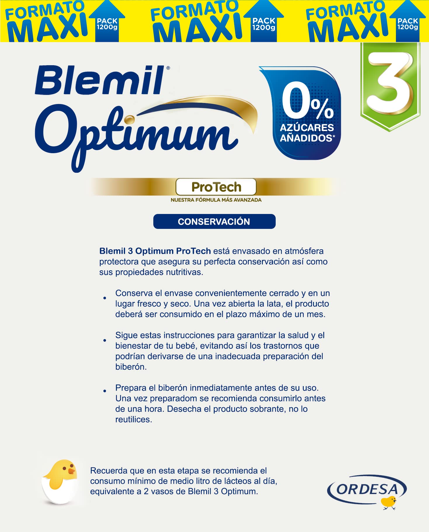 Blemil 3 Optimum ProTech 0% Azúcares añadidos - Preparado Lácteo en polvo, Desde los 12 meses, 1200 g