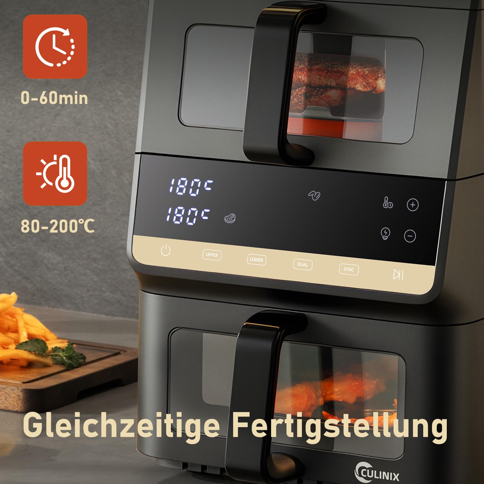 Doppelkammer Heißluftfritteuse 10L, 2500W, 2 Sichtfenster