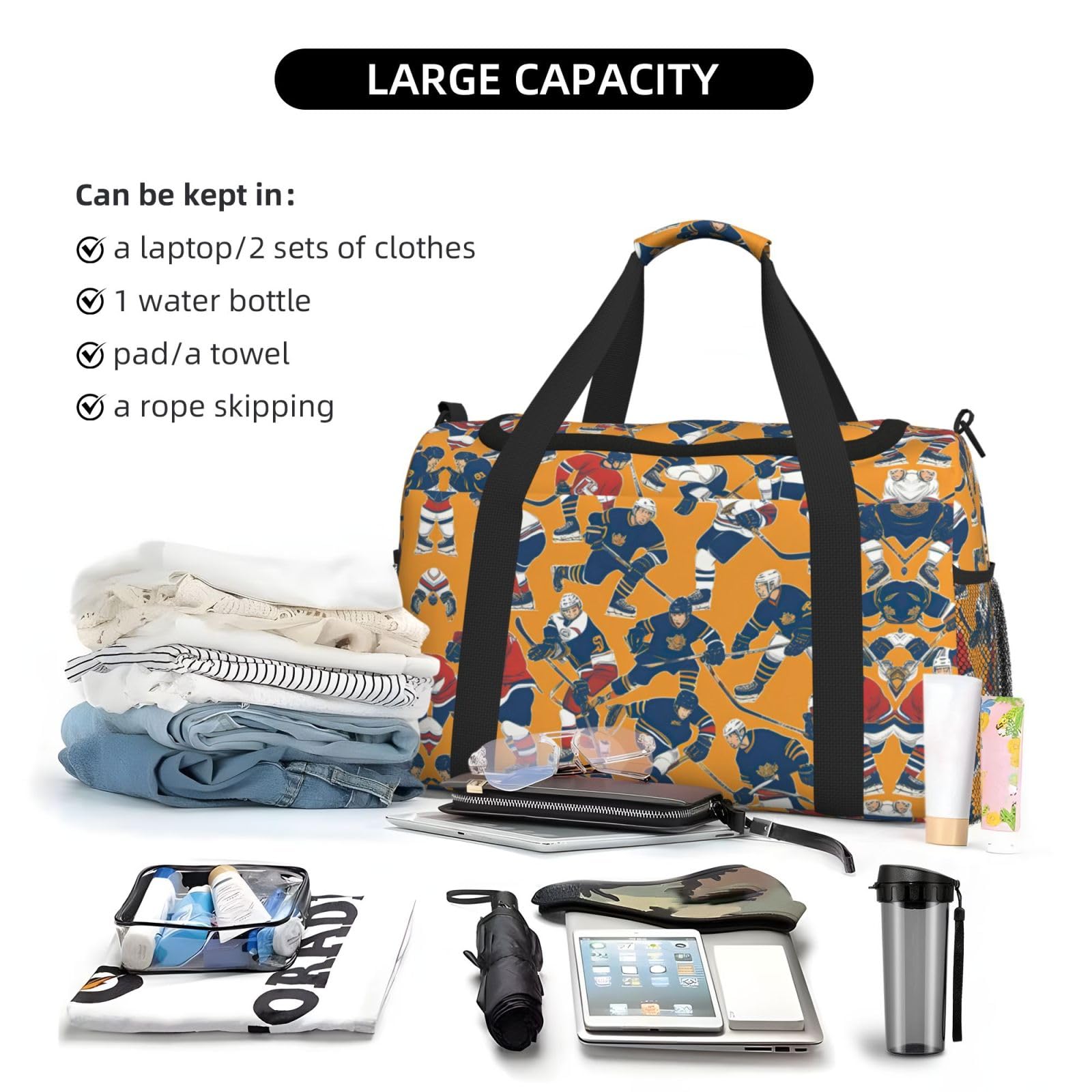 Sac de voyage de hockey, sacs de week-end pour femmes et hommes pour les aventures en plein air, idéal pour le camping et la randonnée, Noir/blanc, One Size