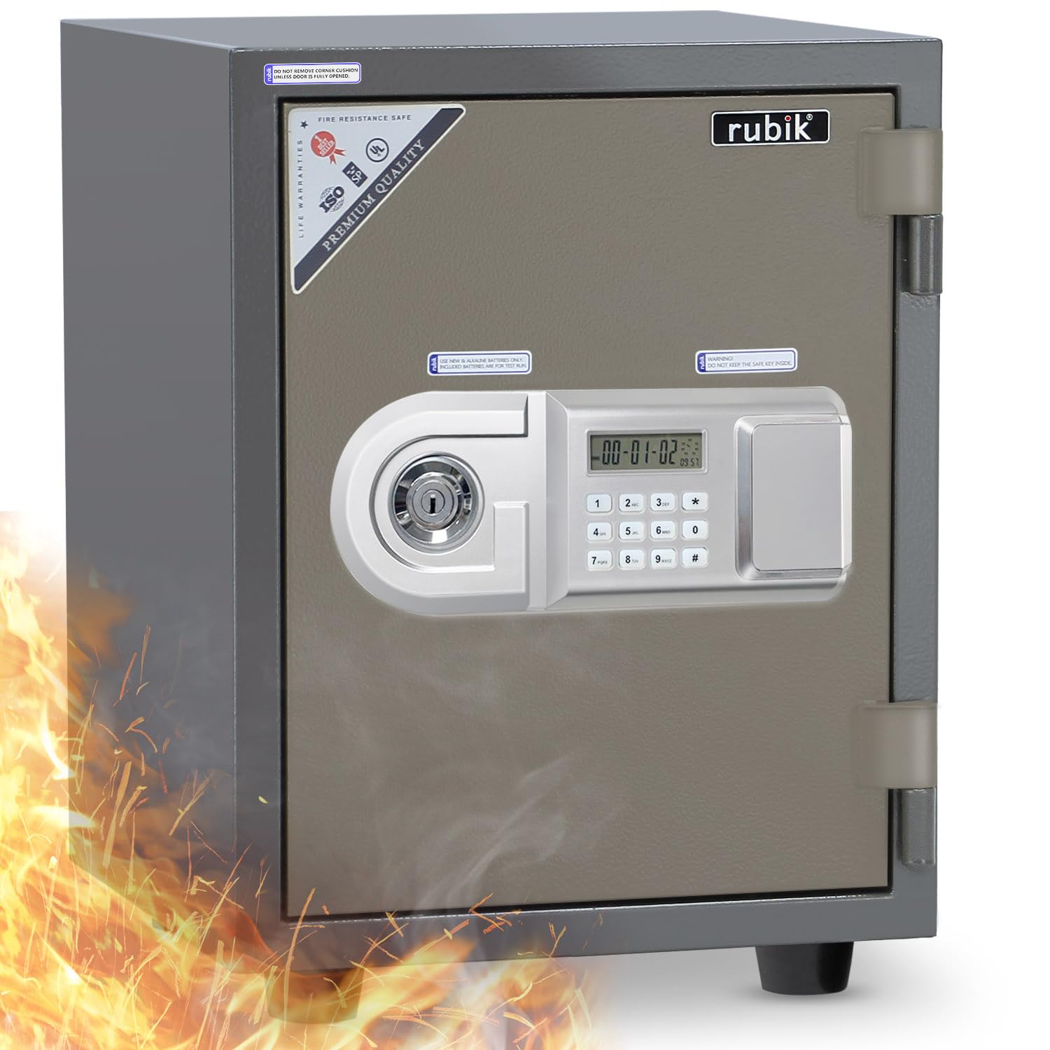 Rubik Fire Safety Box, 2-Hour Fireproof Safe with Key & Electronic Lock for Home Office (45x34.4x35cm, 42kg) Beige