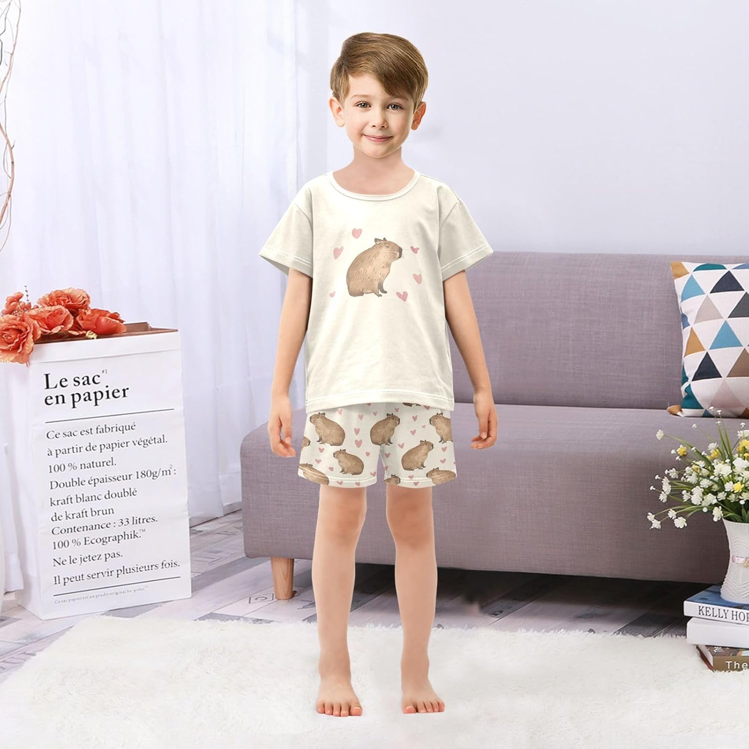 Capybara with Pink Hearts Summer Cute Pajama Sets, Short Sets for Sleep Wears - Image 6