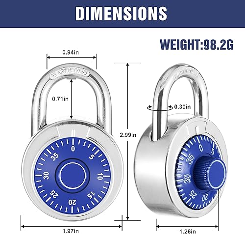 Miniatura 3 de Candado de combinación, 1 unidad, esfera fija azul de 1.969 in (2 pulgadas) con diferentes combinaciones, para gimnasio y casillero, escuela, caja