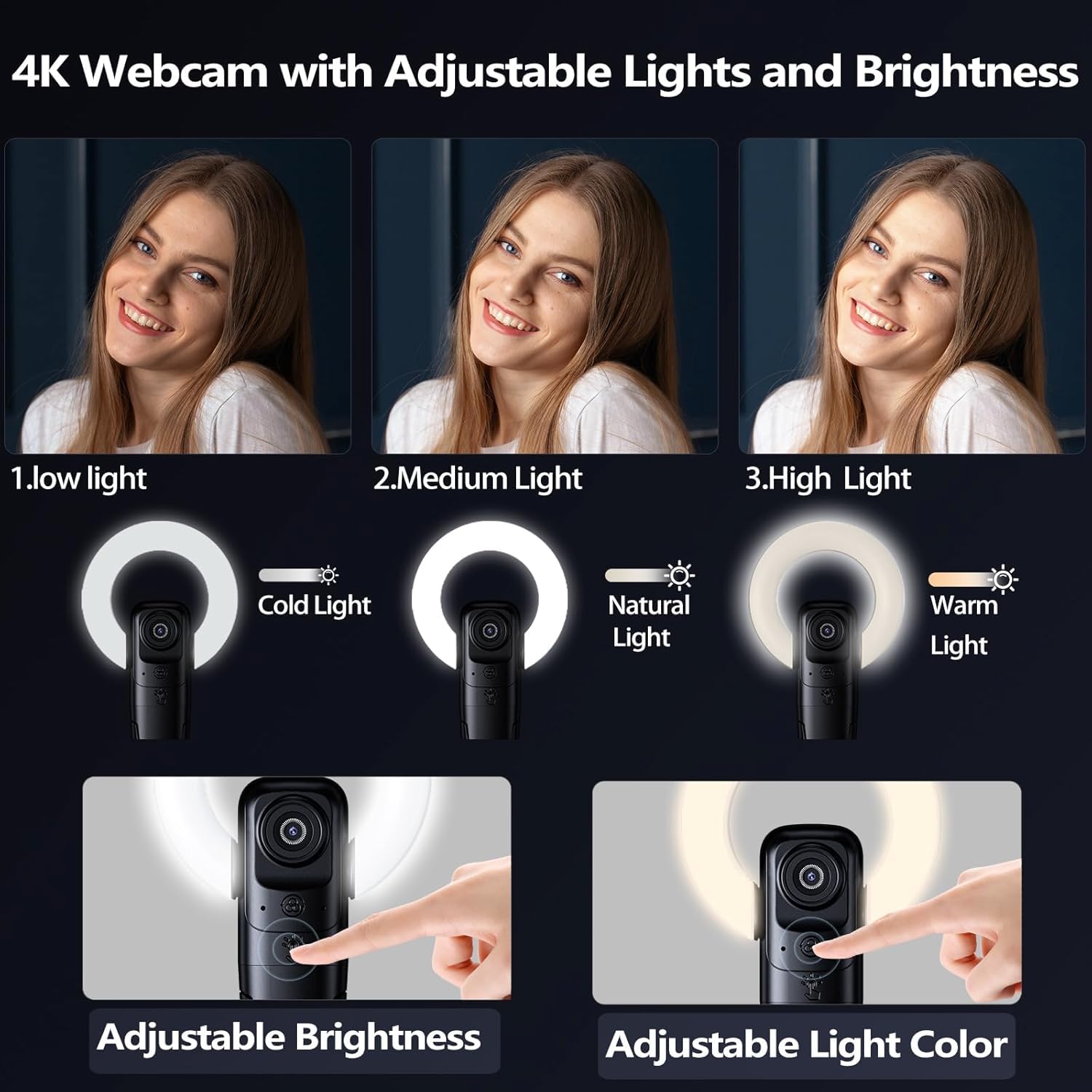Cámara web 4K con luz, cámara de transmisión con micrófono, Plug and Play, cámara web USB HD para computadora, enfoque automático 1080P, cámara de PC de 73°FOV para equipos de Zoom Skype, escritorio